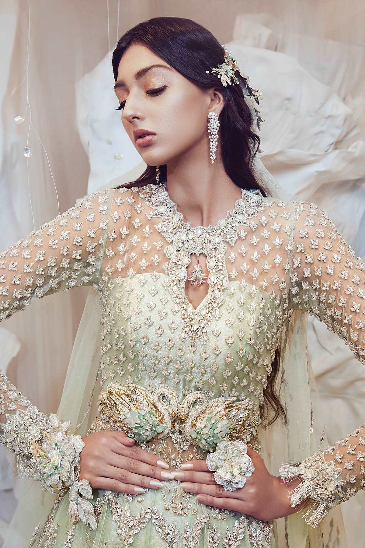 Pakistani Apple Green Embellished Zari Gauze Bridal Gown (2-Piece) - Image 2