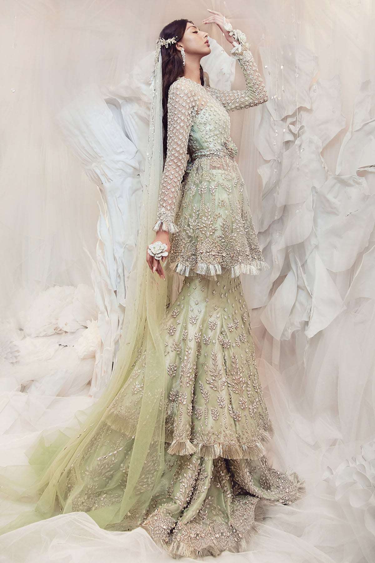 Pakistani Apple Green Embellished Zari Gauze Bridal Gown (2-Piece) - Image 4