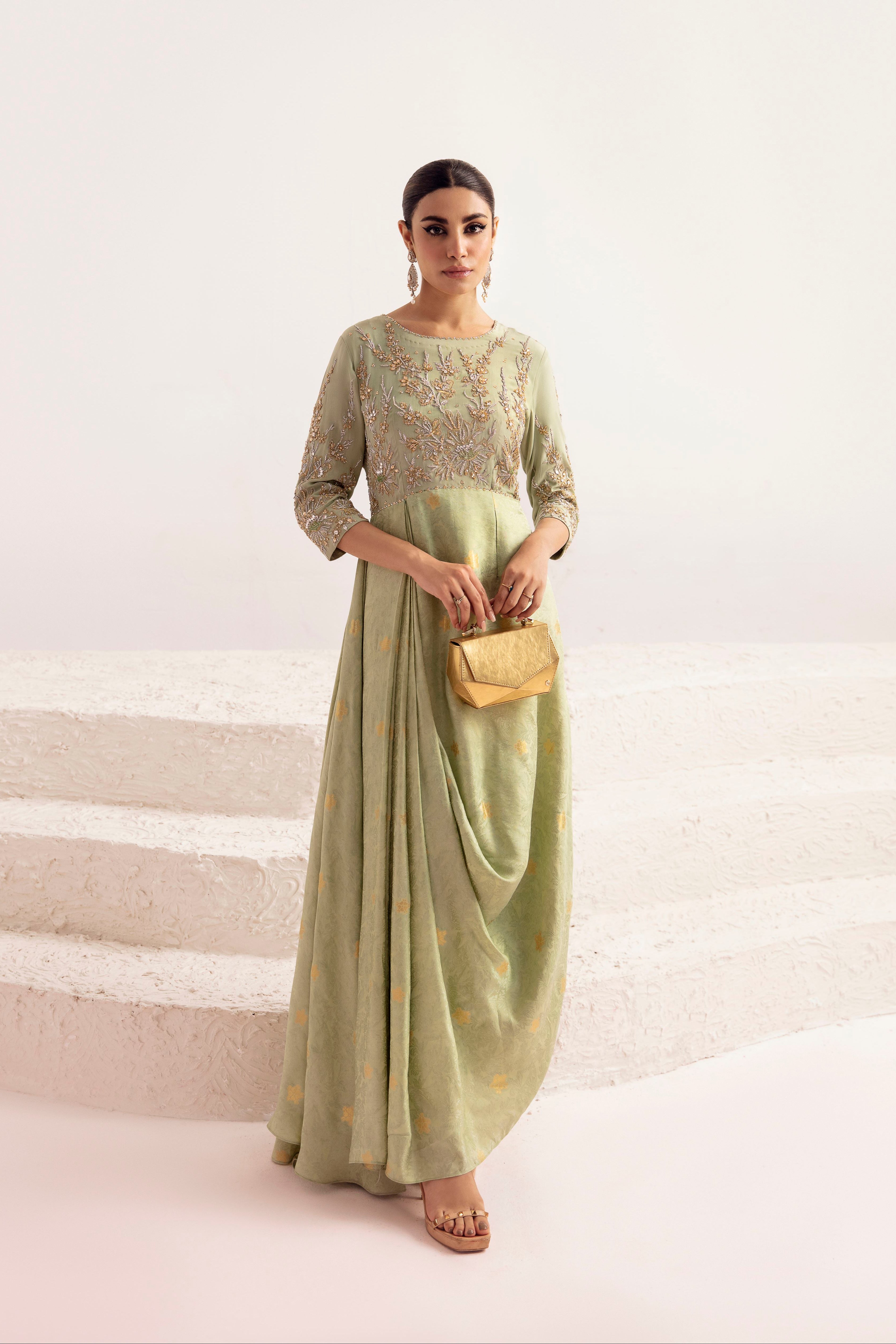 Mist Green Zardozi Zari Silk Draped Gown (2-Piece) - Image 1