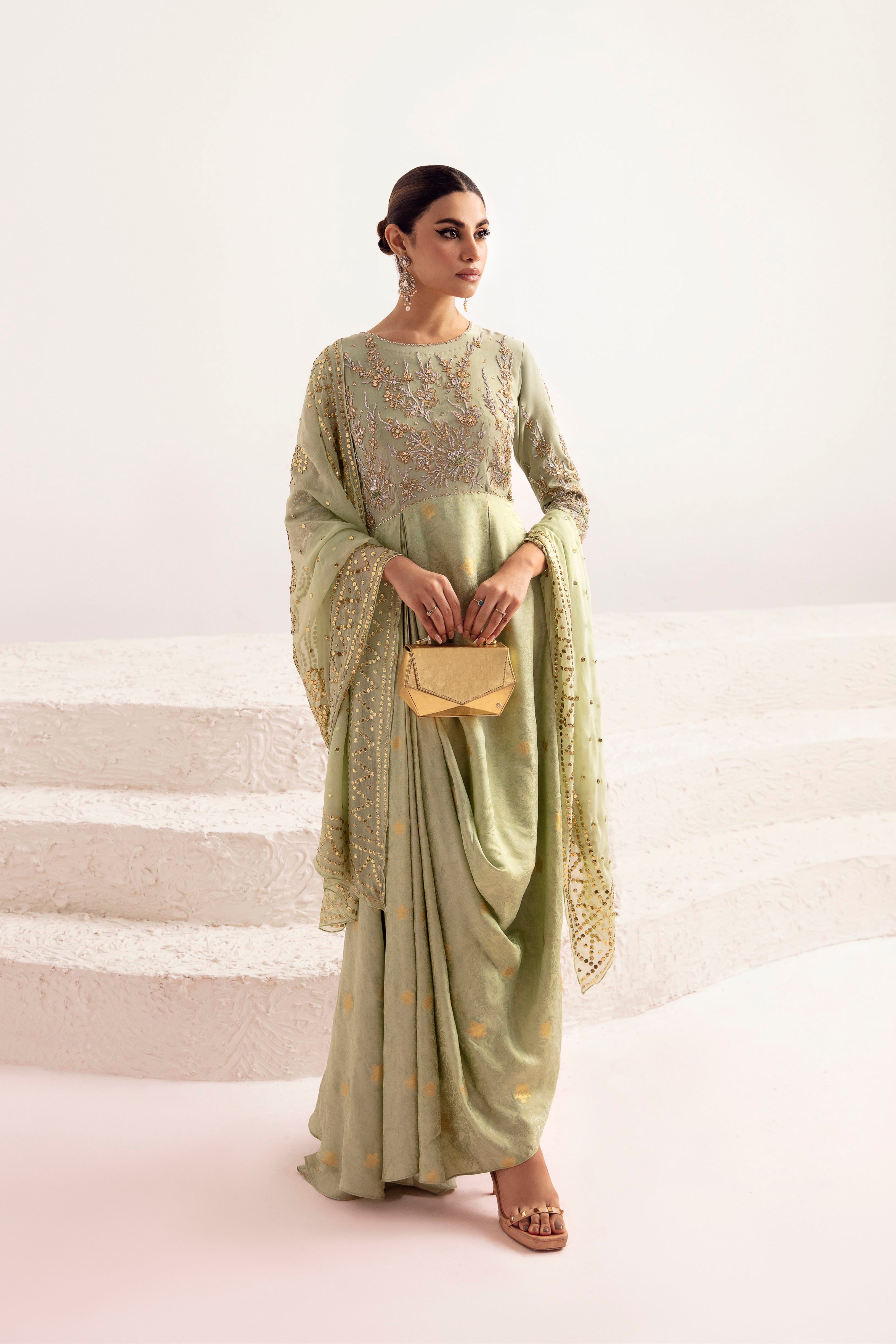 Mist Green Zardozi Zari Silk Draped Gown (2-Piece) - Image 2