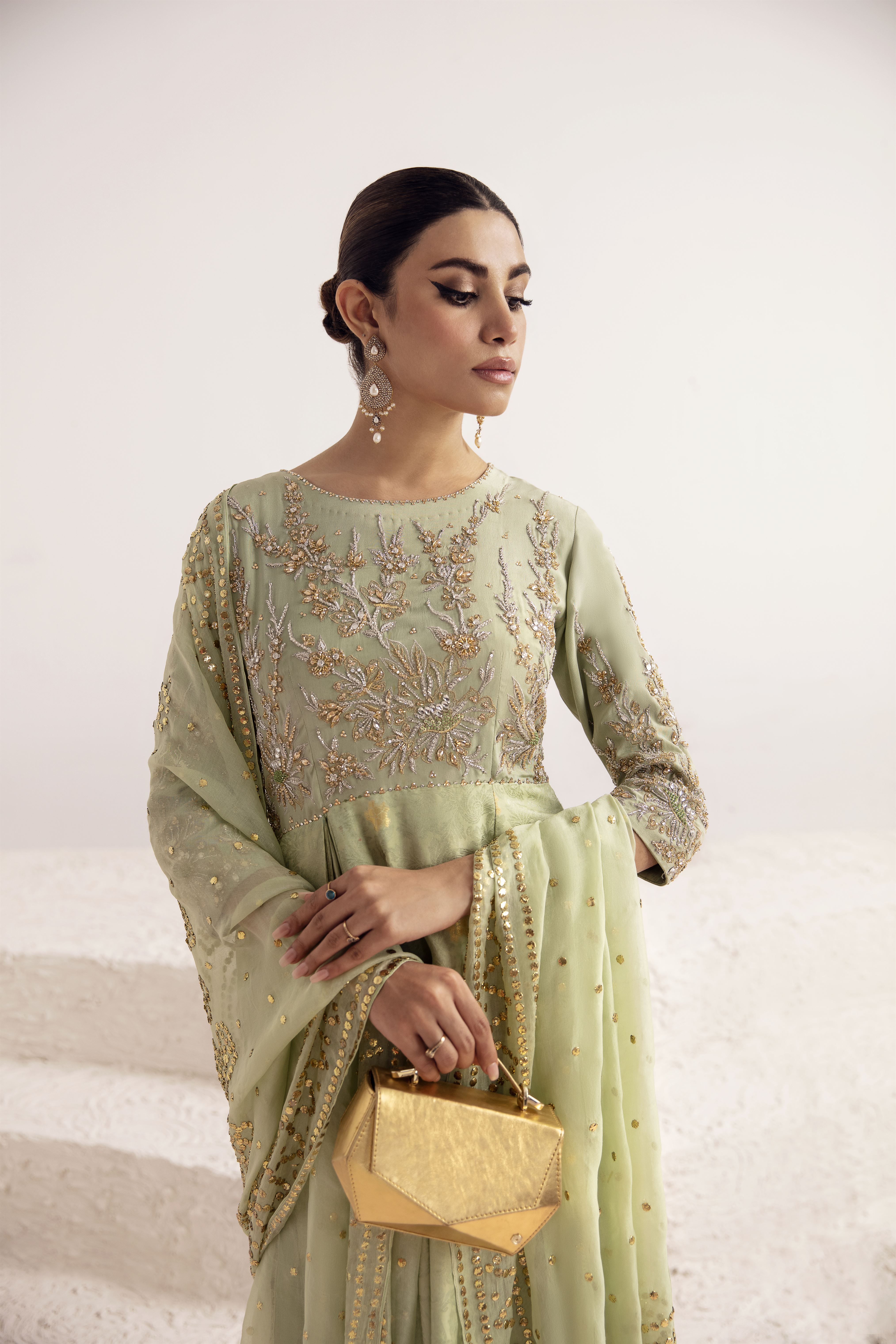 Mist Green Zardozi Zari Silk Draped Gown (2-Piece) - Image 3