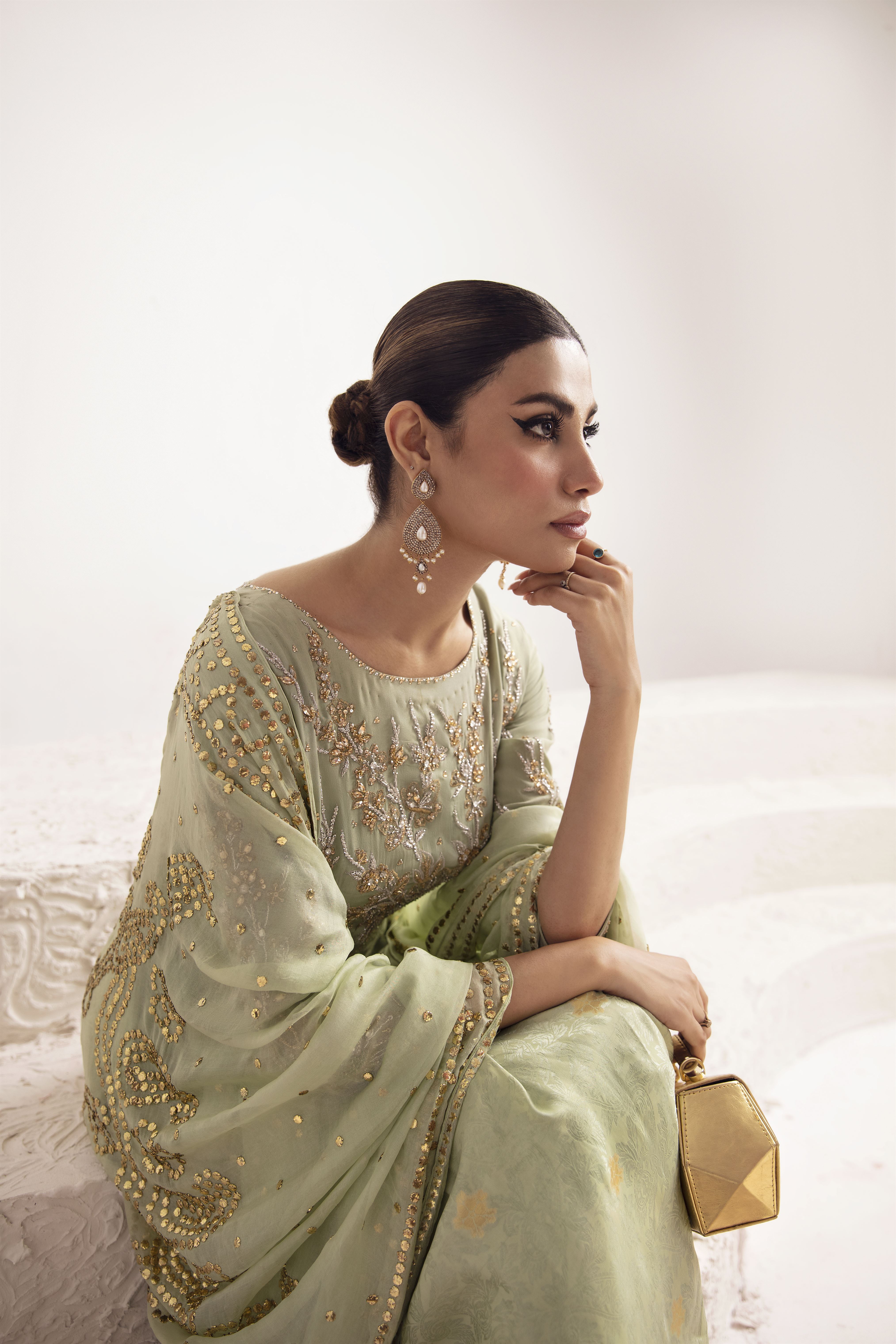 Mist Green Zardozi Zari Silk Draped Gown (2-Piece) - Image 5