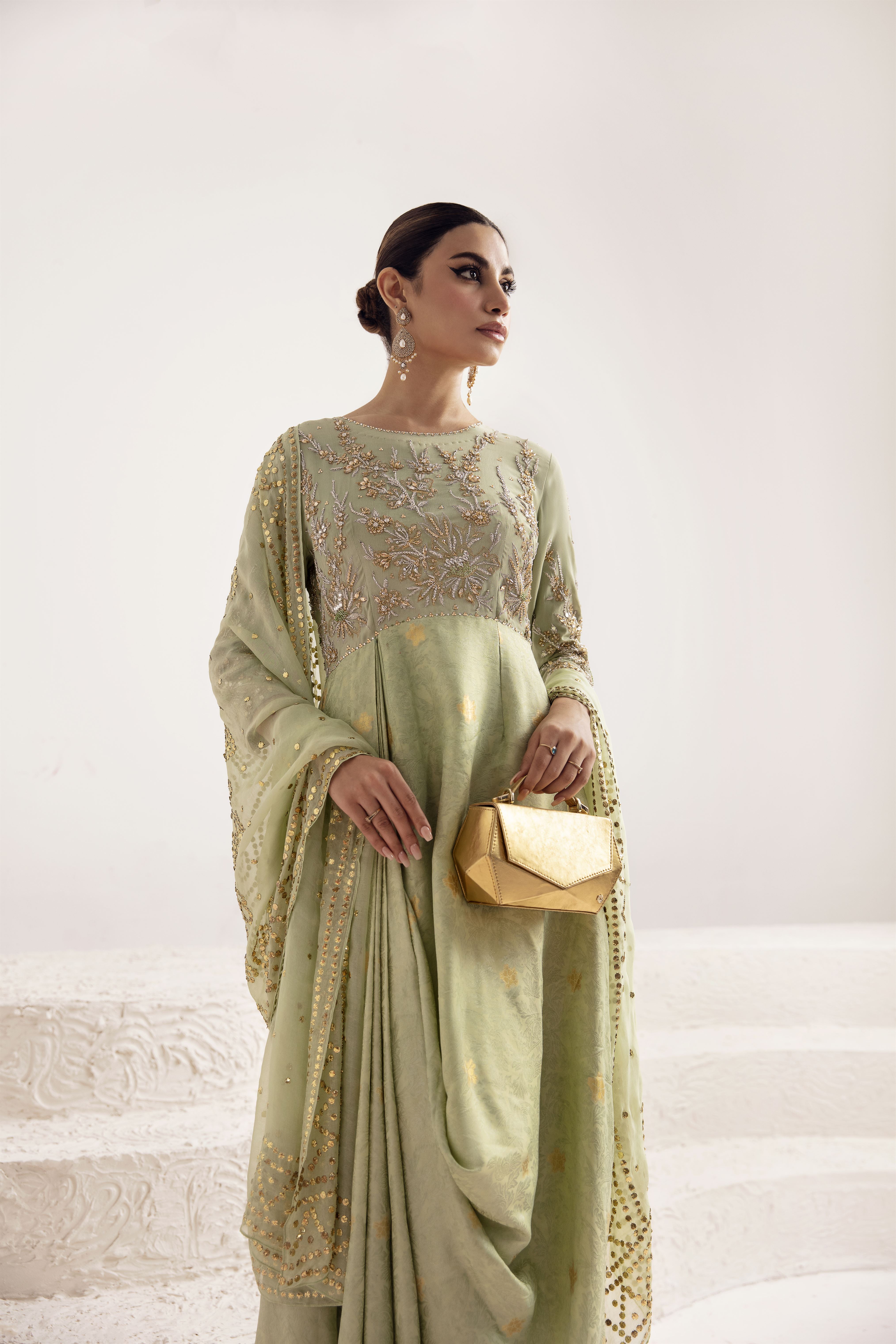 Mist Green Zardozi Zari Silk Draped Gown (2-Piece) - Image 6