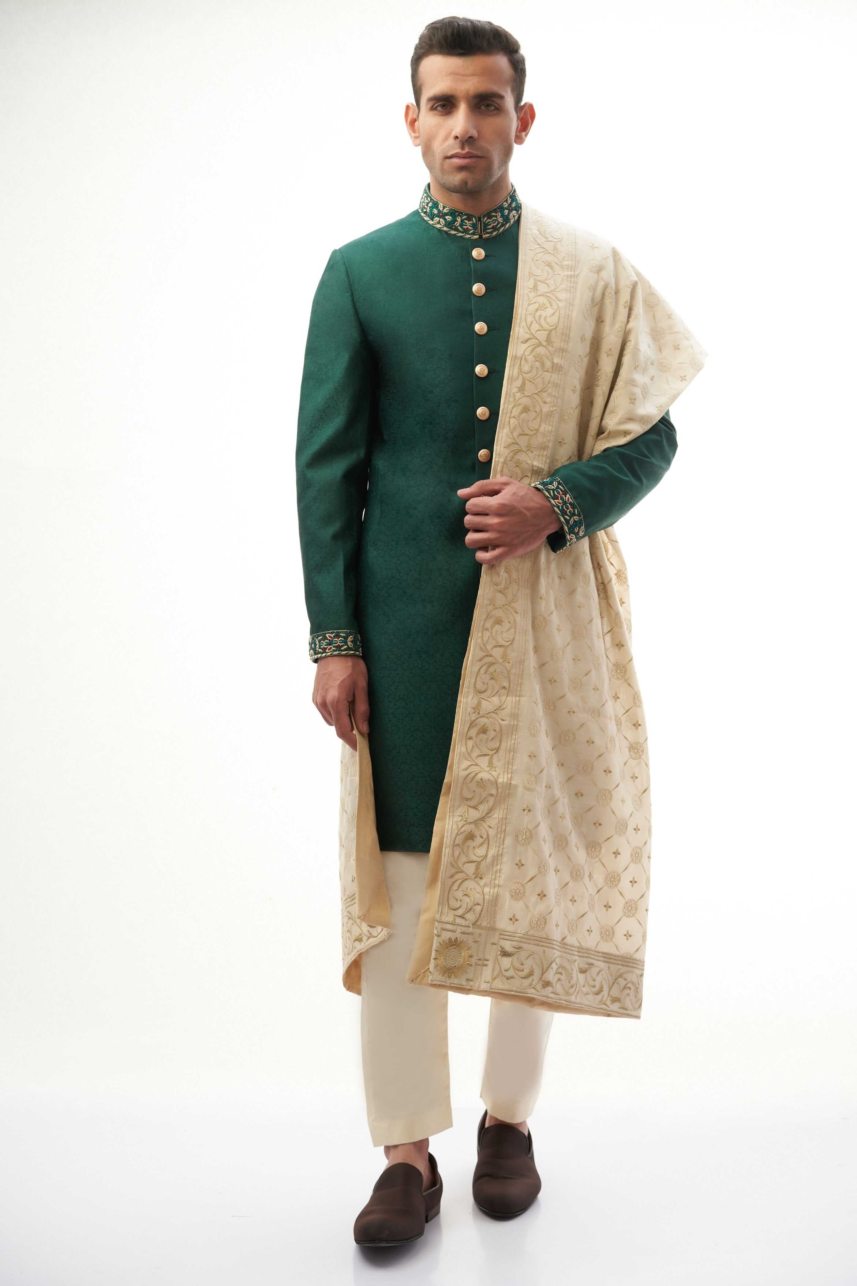 Emerald Green Zardozi Brocade Silk Sherwani (3-Piece) - Image 1