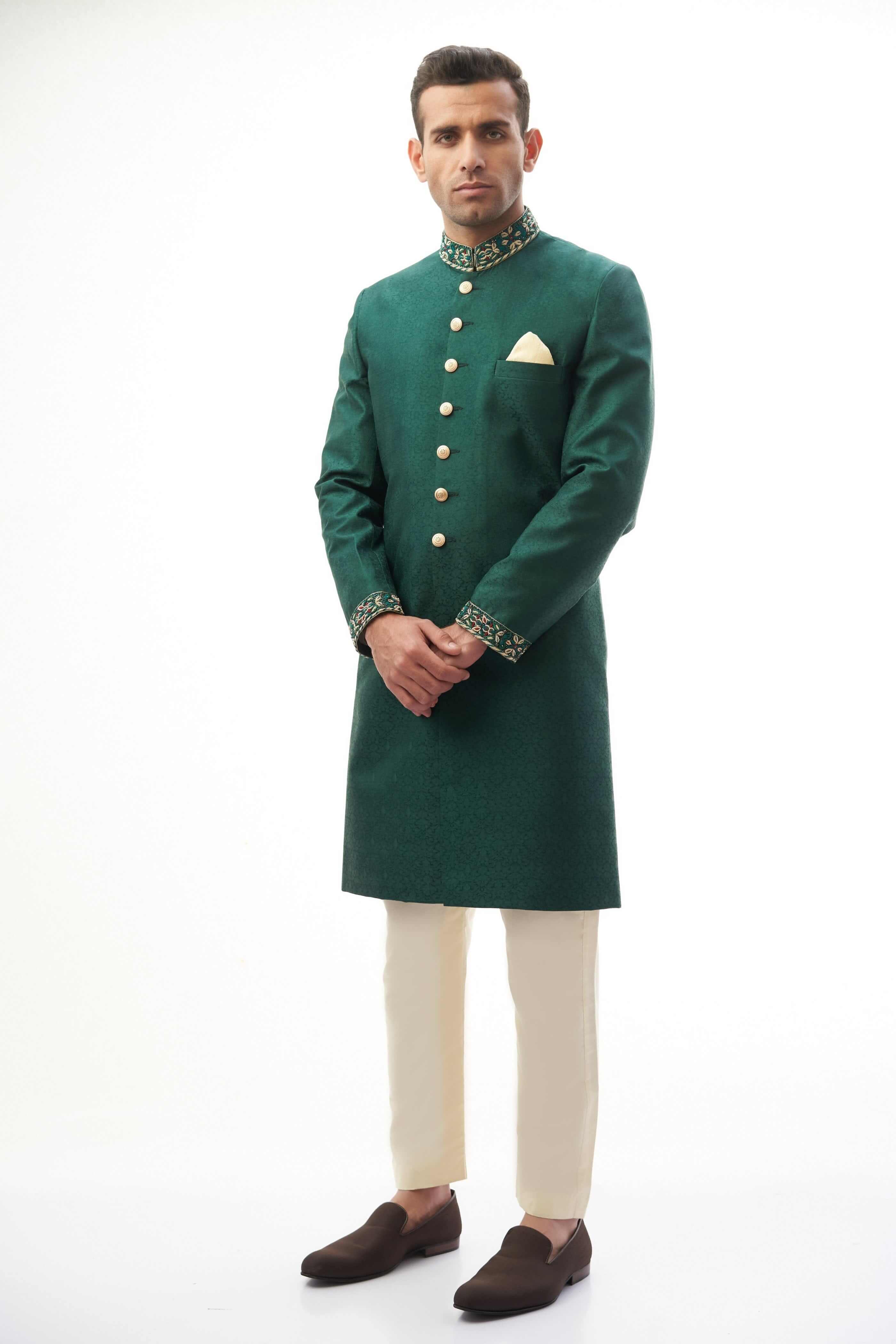 Emerald Green Zardozi Brocade Silk Sherwani (3-Piece) - Image 2