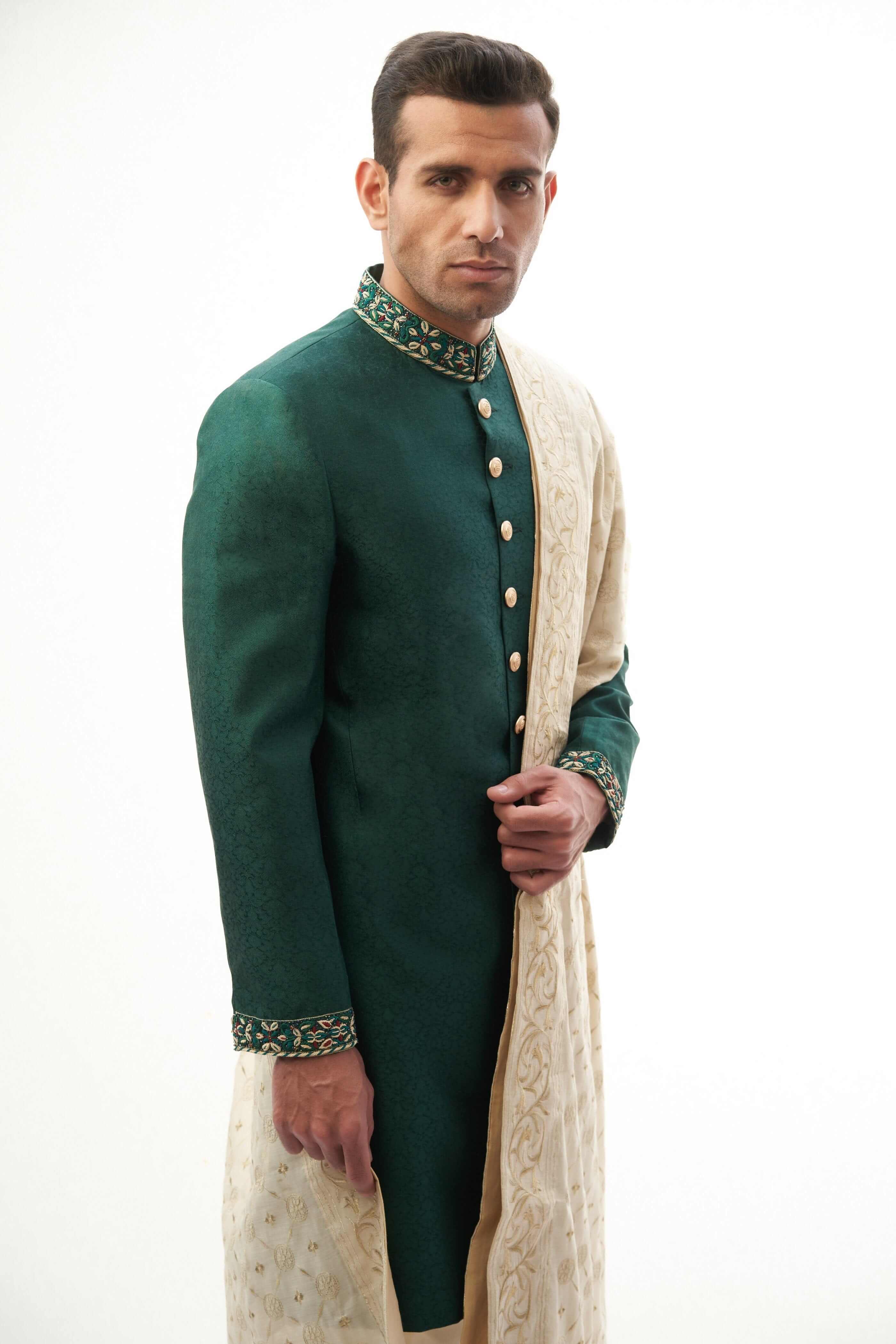 Emerald Green Zardozi Brocade Silk Sherwani (3-Piece) - Image 3