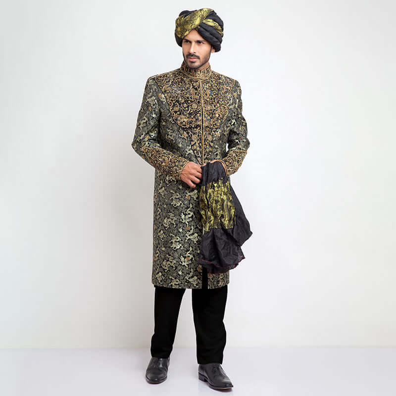 Deep Green Zardozi Chinese Brocade Groom Sherwani (5-Piece) - Image 1