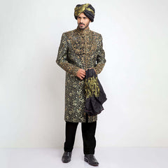 Deep Green Zardozi Chinese Brocade Groom Sherwani (5-Piece) - Image 2