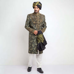Deep Green Zardozi Chinese Brocade Groom Sherwani (5-Piece) - Image 3