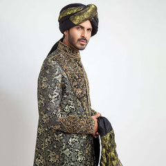 Deep Green Zardozi Chinese Brocade Groom Sherwani (5-Piece) - Image 4