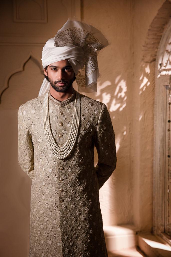 Artichoke Green Jacquard Sherwani (3-Piece) - Image 1