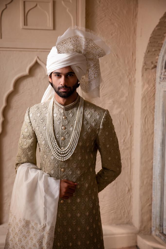 Artichoke Green Jacquard Sherwani (3-Piece) - Image 2