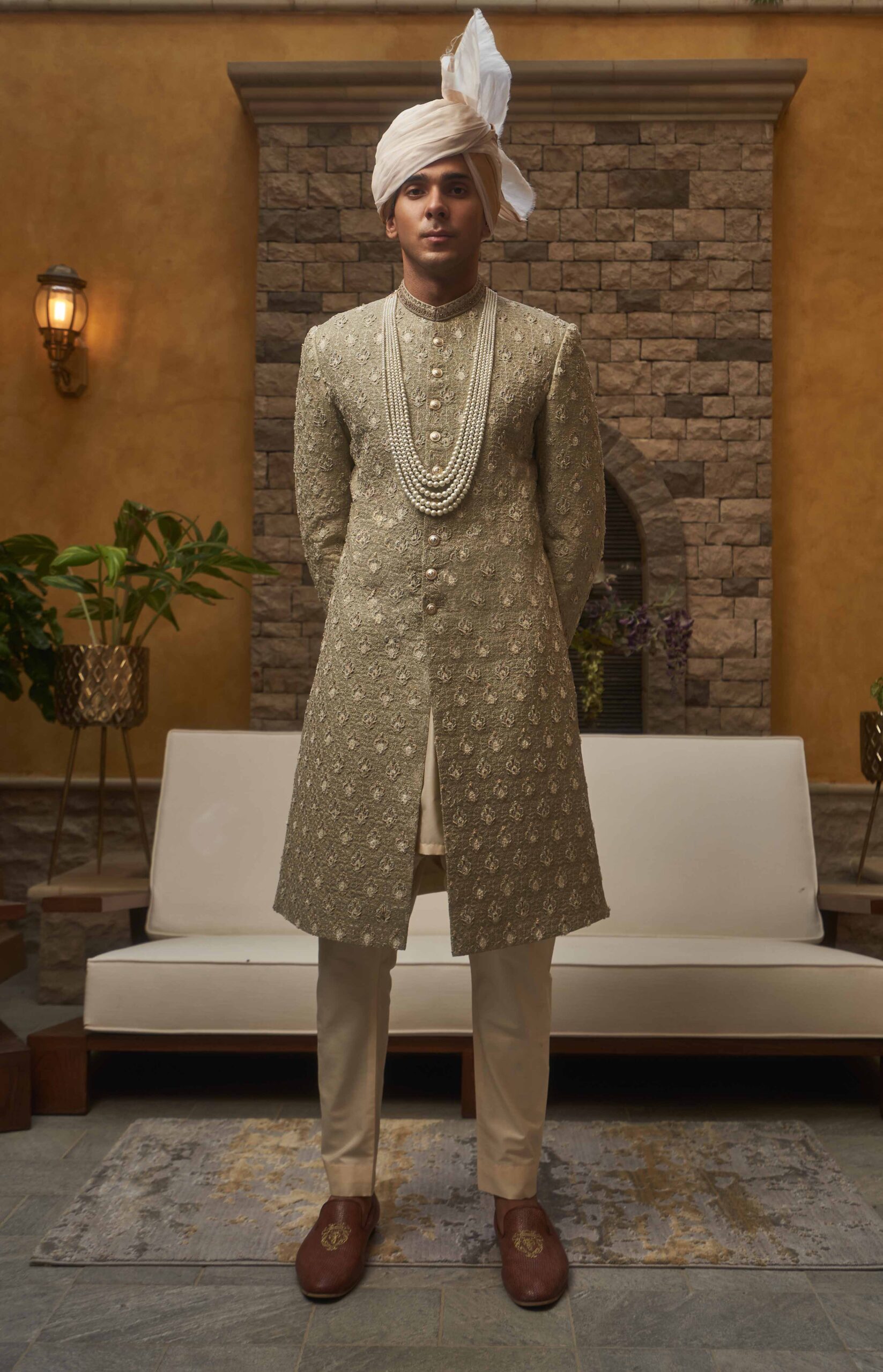 Mint Green Jacquard Groom Sherwani (3-Piece) - Image 1