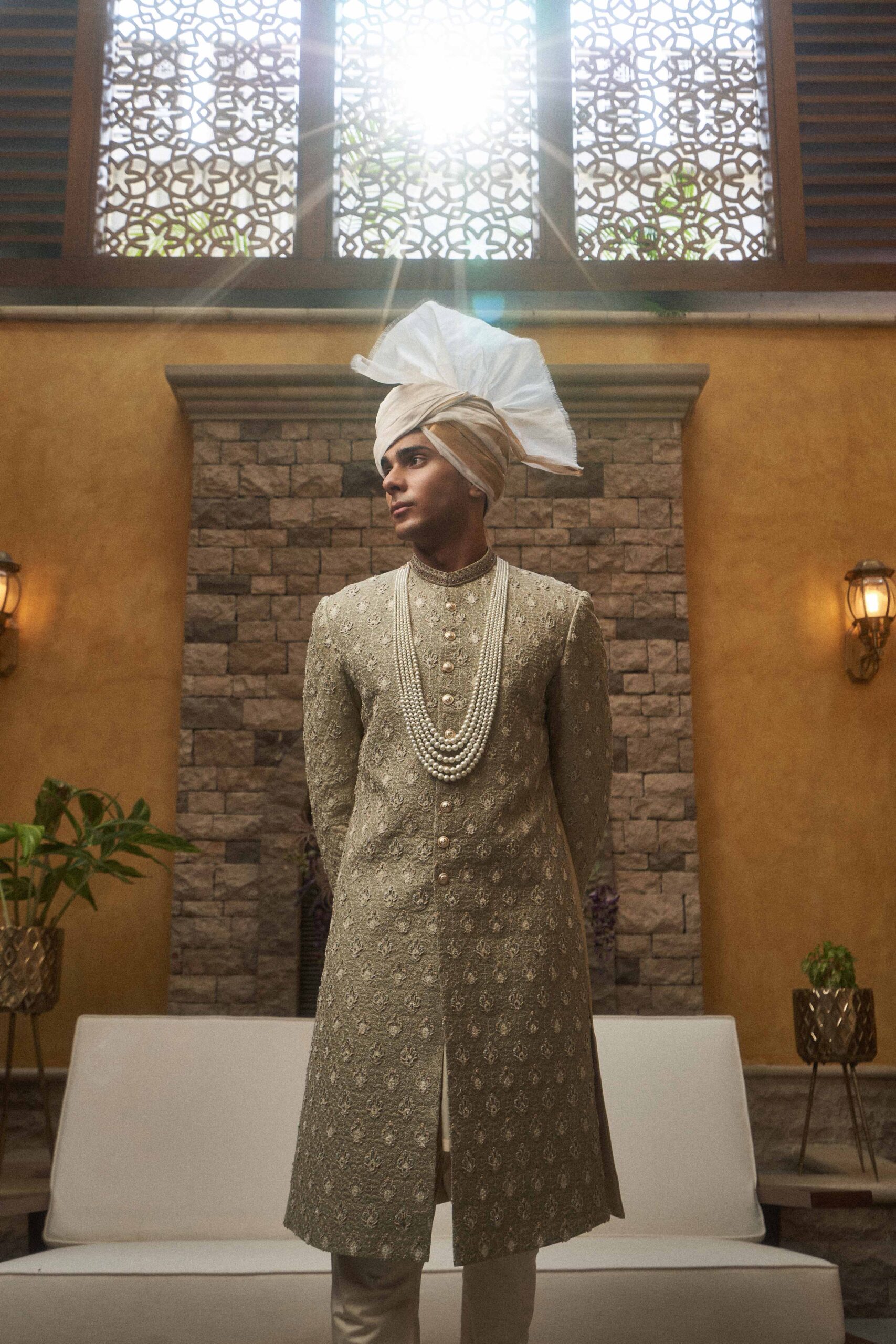 Mint Green Jacquard Groom Sherwani (3-Piece) - Image 3