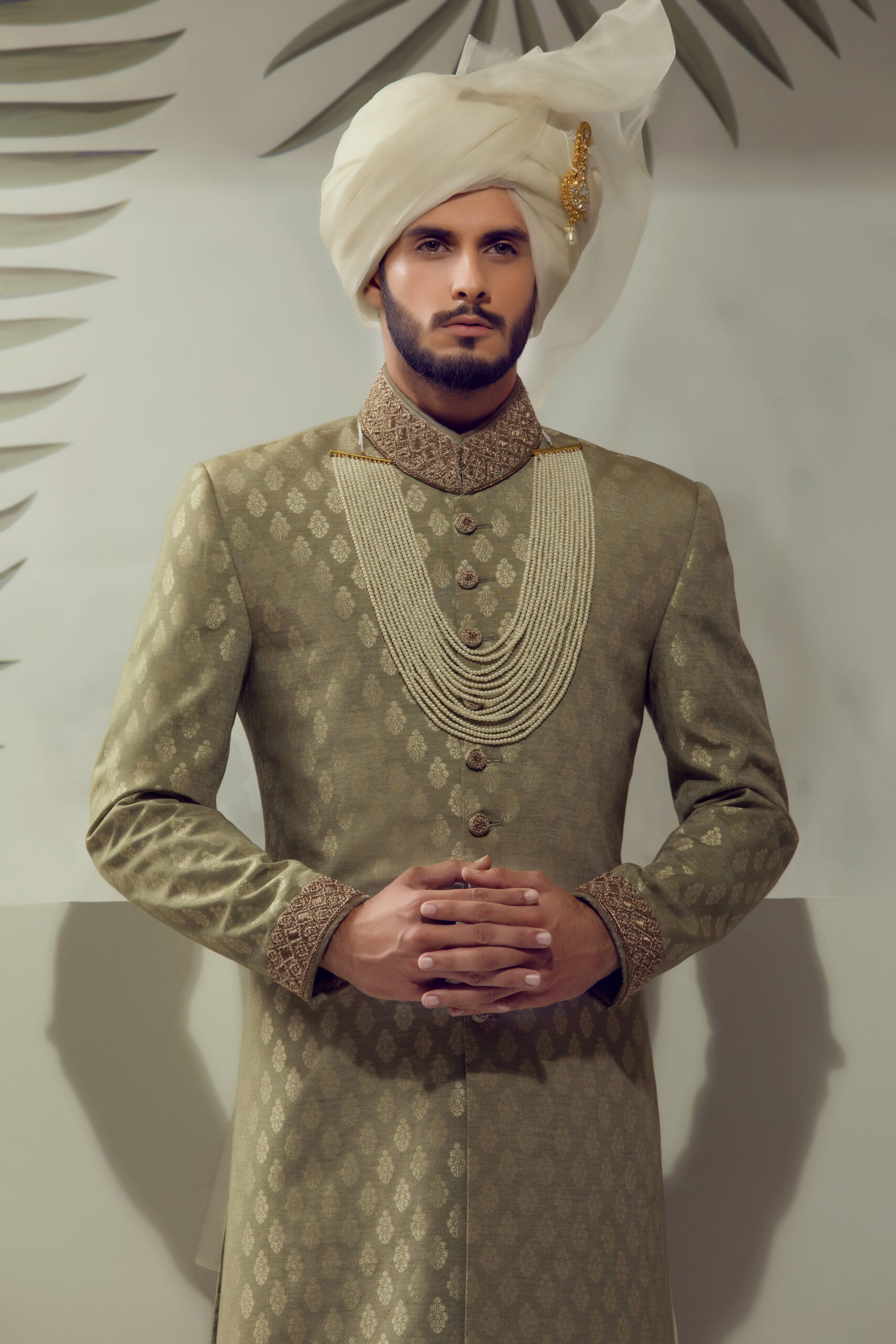 Sage Green Embroidered Jacquard Groom Sherwani (3-Piece) - Image 1