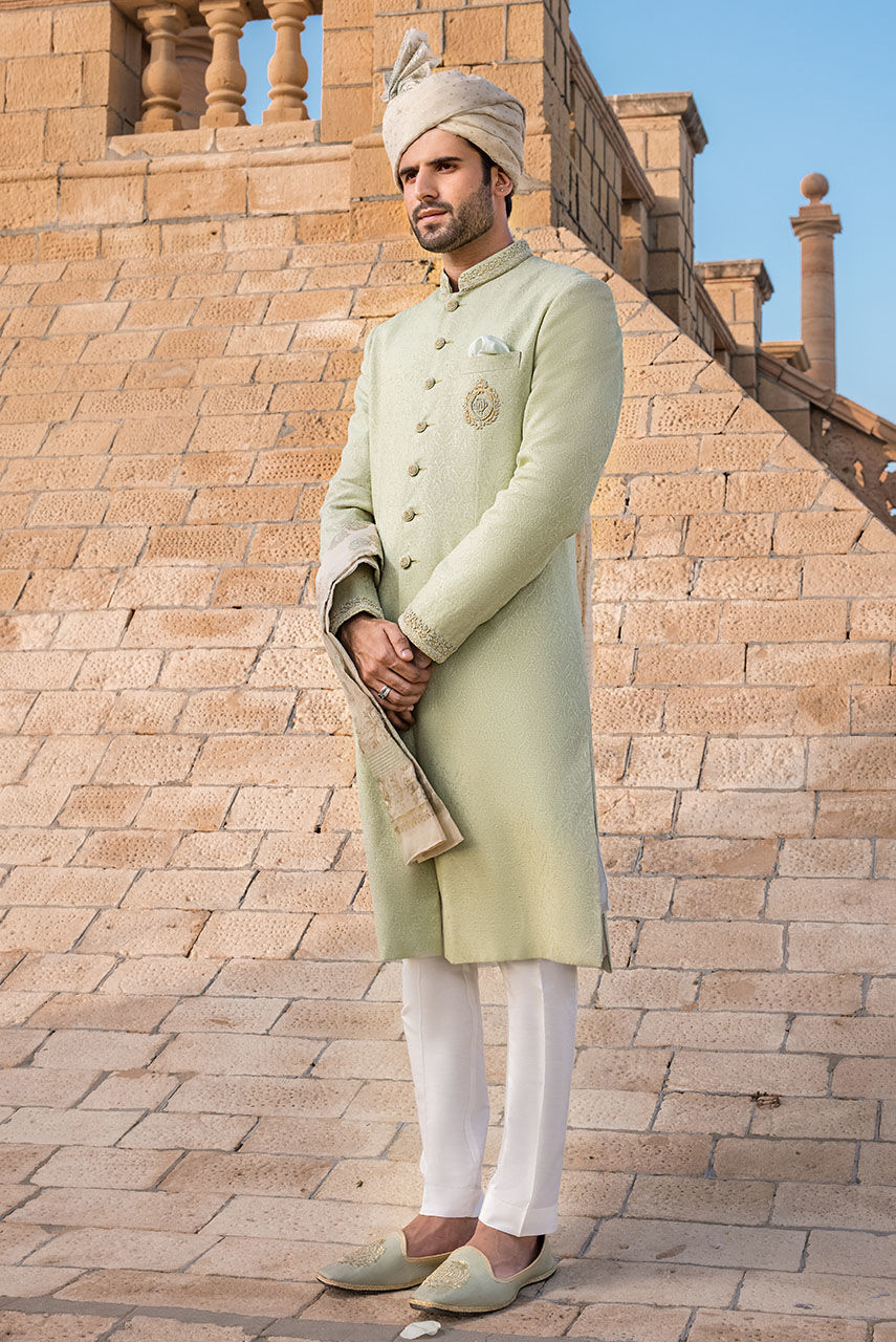Mint Green Hand Embroidered Jamawar Sherwani (3-Piece) - Image 1