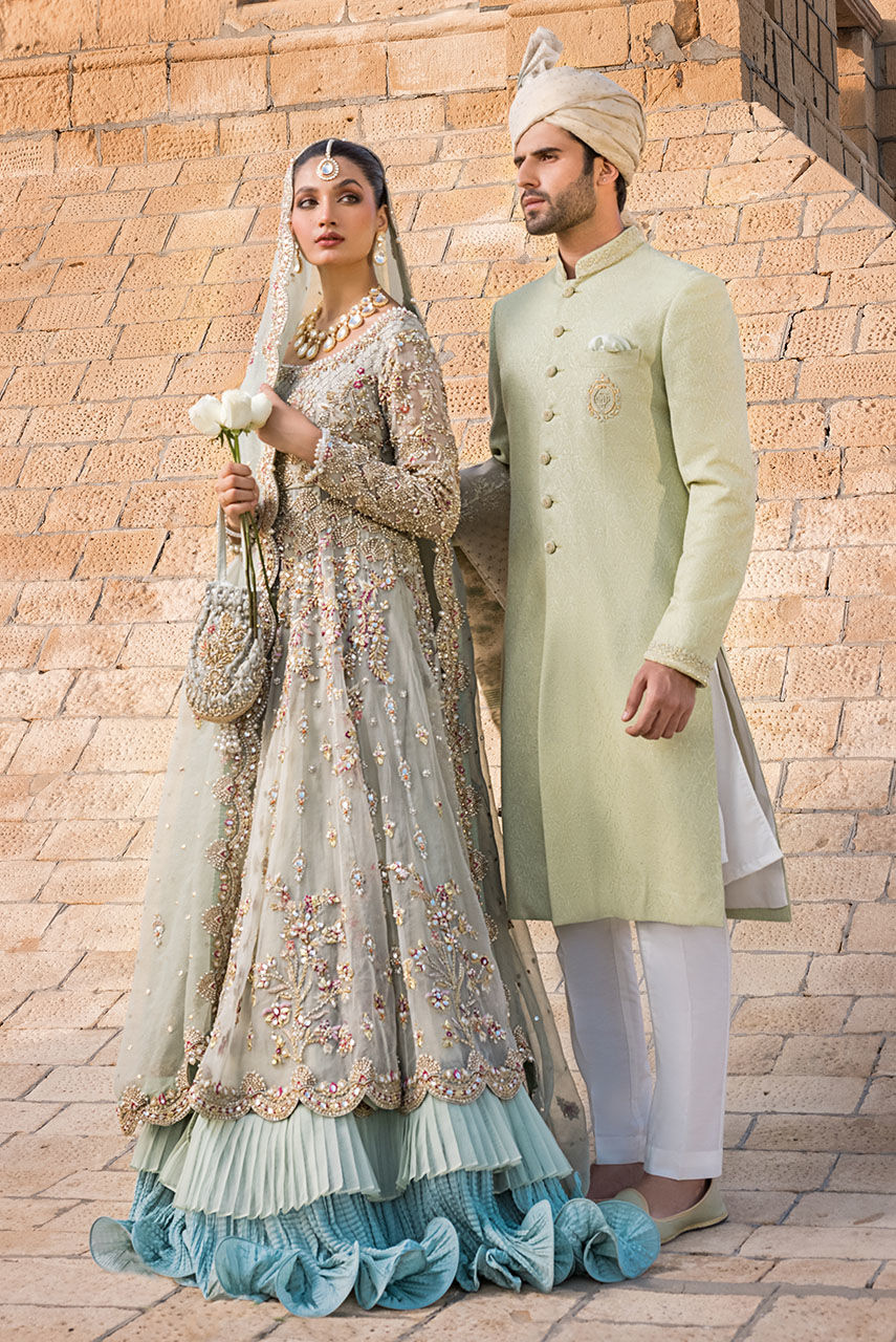 Mint Green Hand Embroidered Jamawar Sherwani (3-Piece) - Image 2