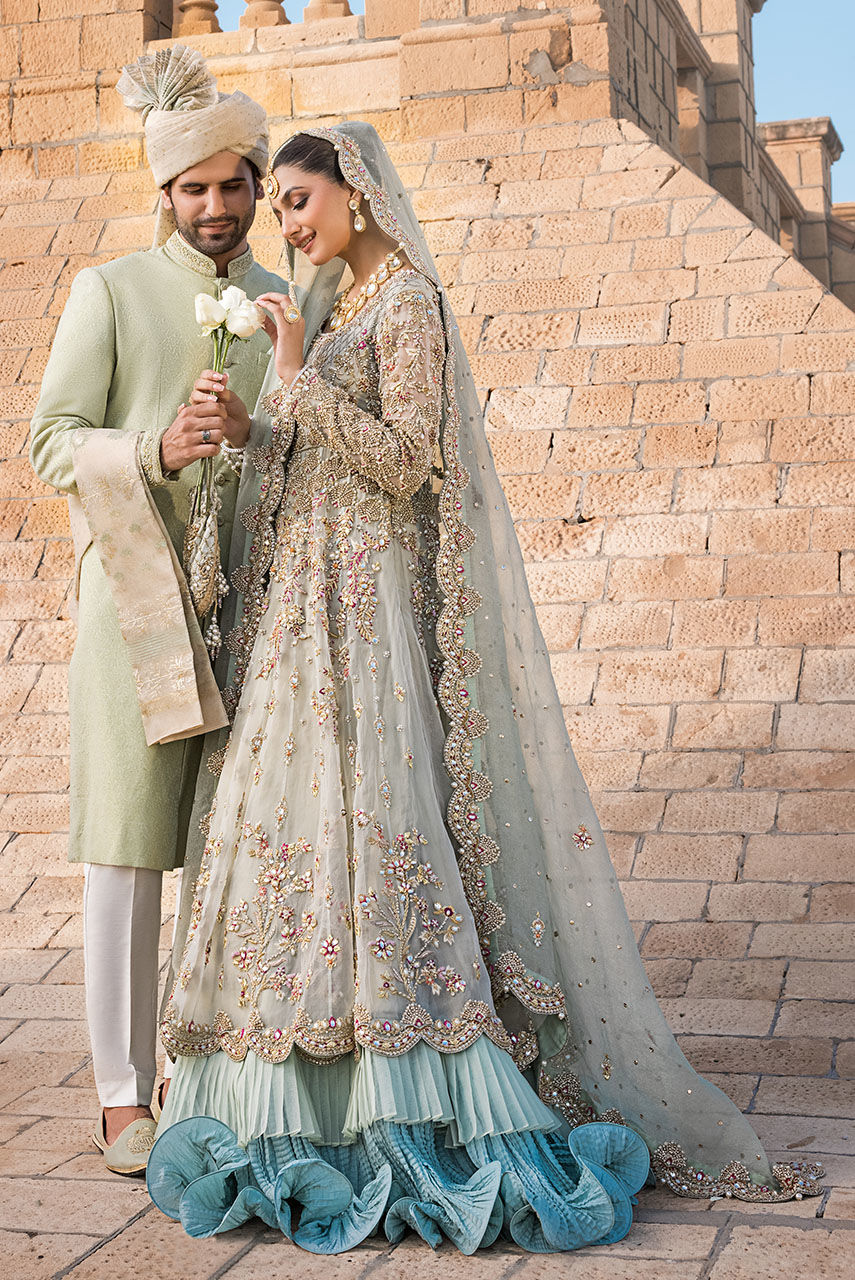 Mint Green Hand Embroidered Jamawar Sherwani (3-Piece) - Image 3