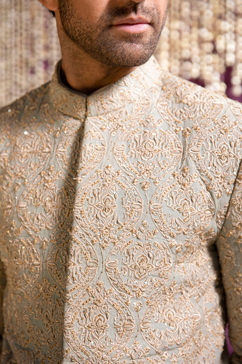 Sage Green Hand Embellished Karandi Sherwani (2-Piece) - Image 1