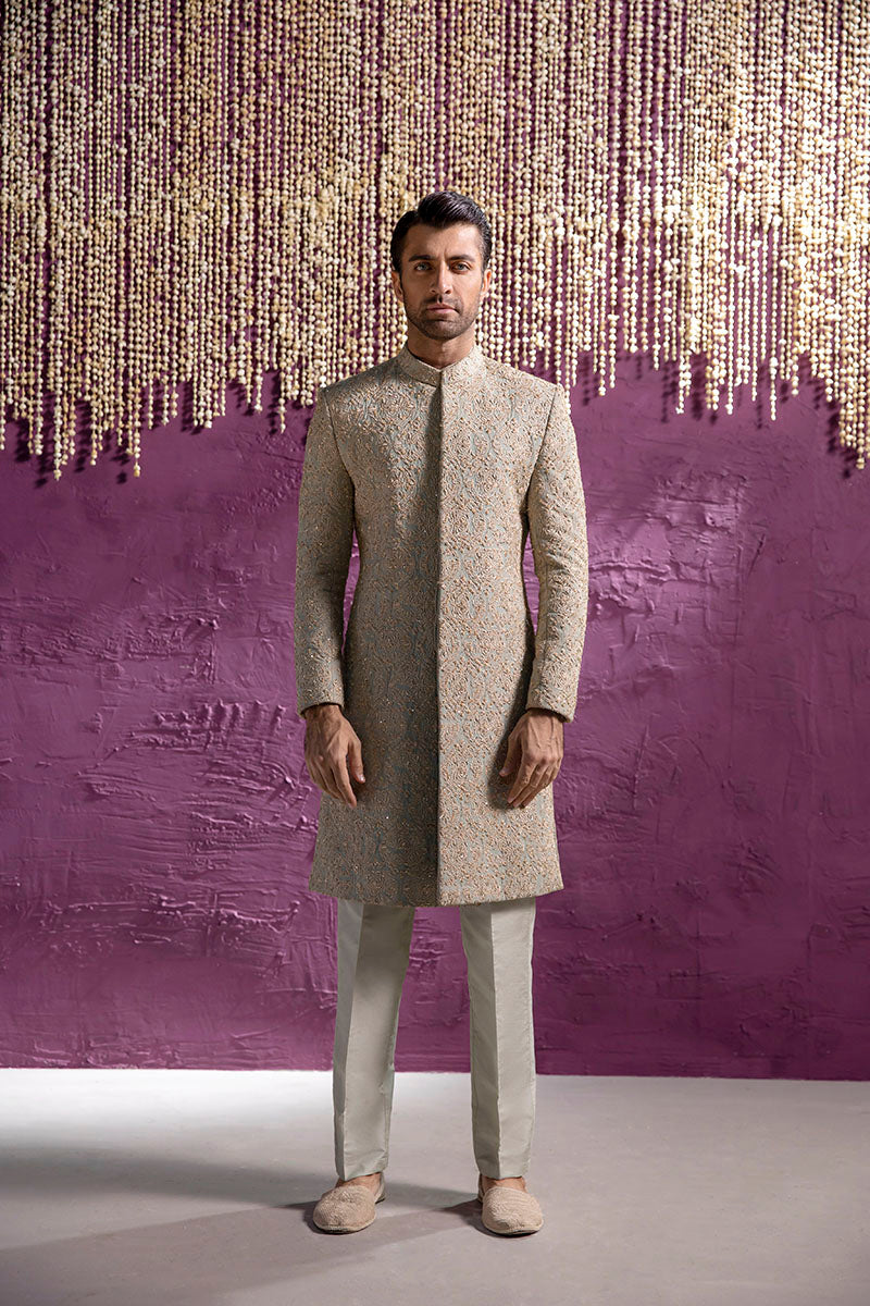 Sage Green Hand Embellished Karandi Sherwani (2-Piece) - Image 2