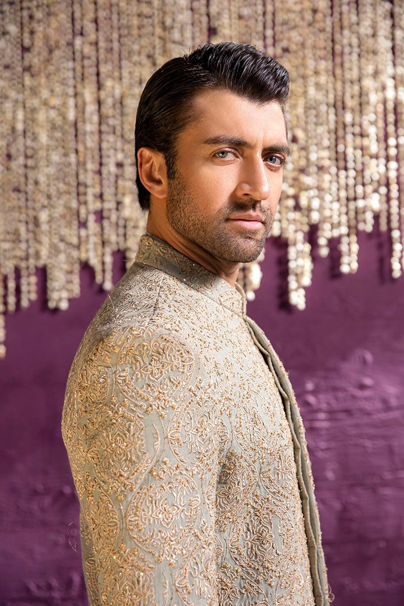Sage Green Hand Embellished Karandi Sherwani (2-Piece) - Image 3