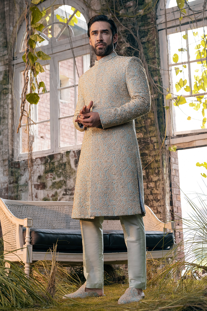 Sage Green Hand Embellished Karandi Sherwani (2-Piece) - Image 5