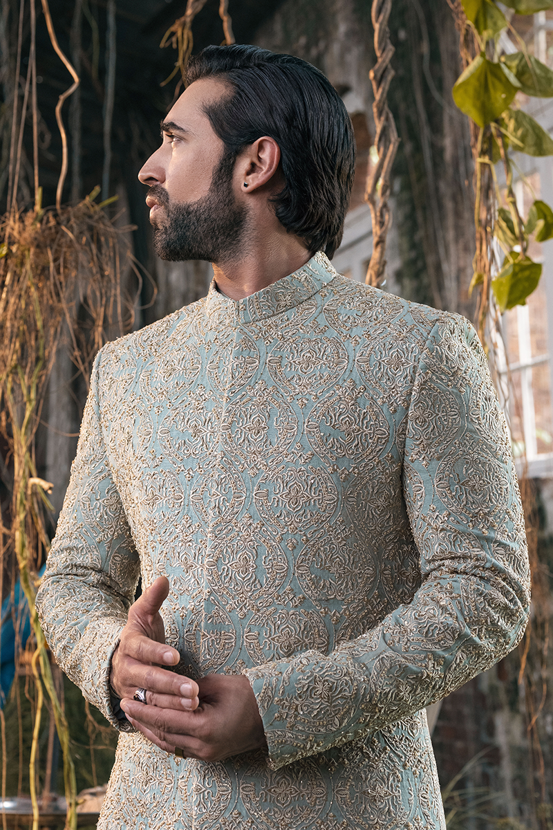 Sage Green Hand Embellished Karandi Sherwani (2-Piece) - Image 6