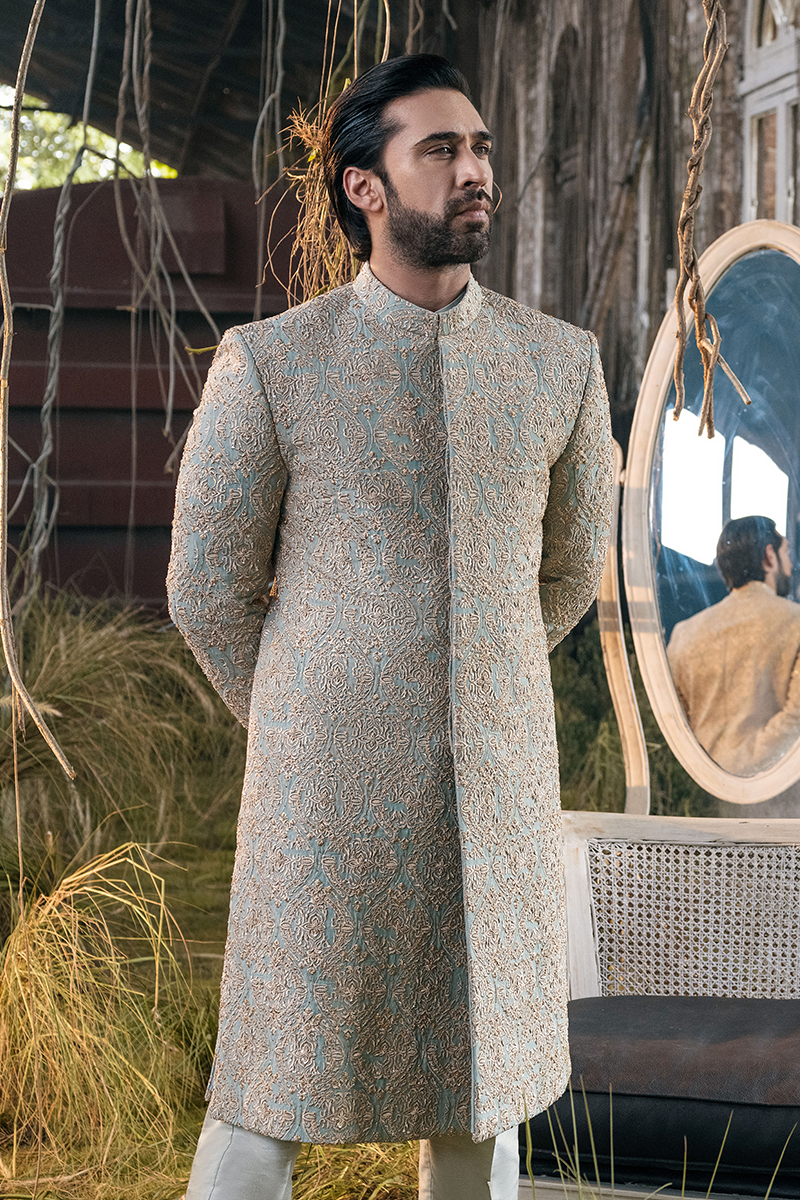 Sage Green Hand Embellished Karandi Sherwani (2-Piece) - Image 7
