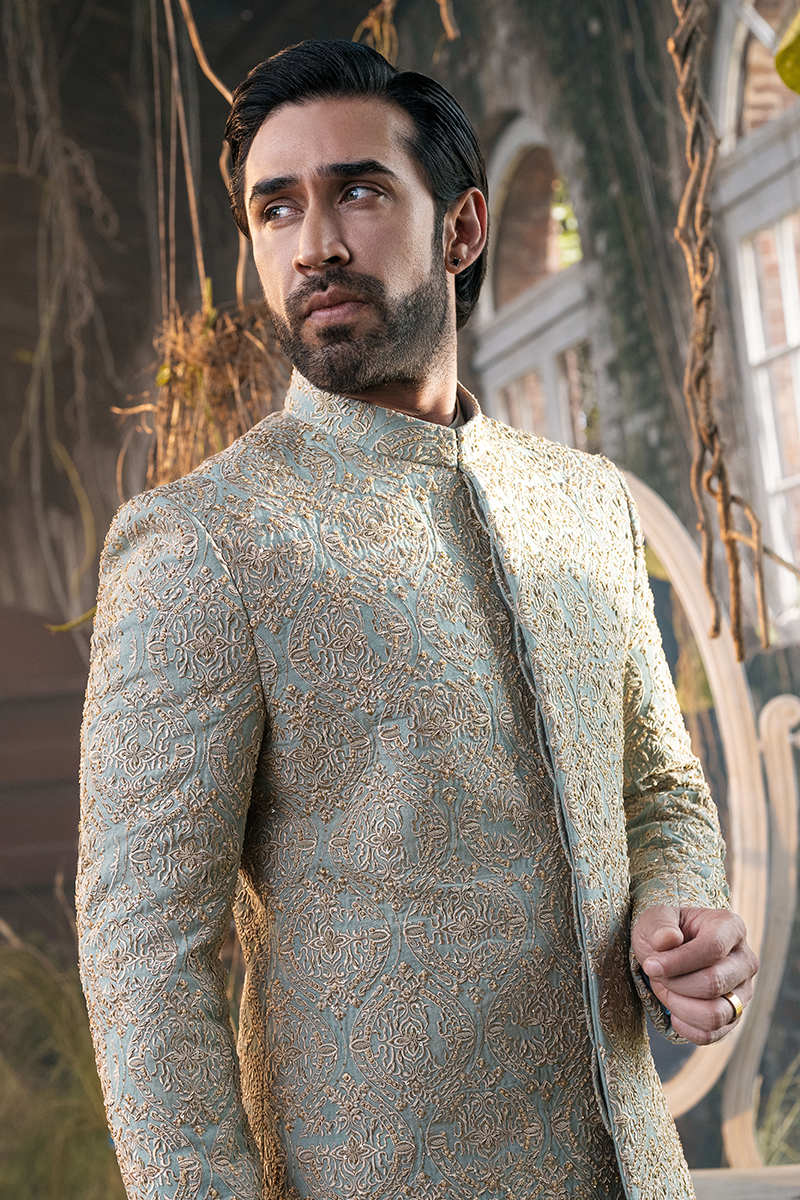 Sage Green Hand Embellished Karandi Sherwani (2-Piece) - Image 8