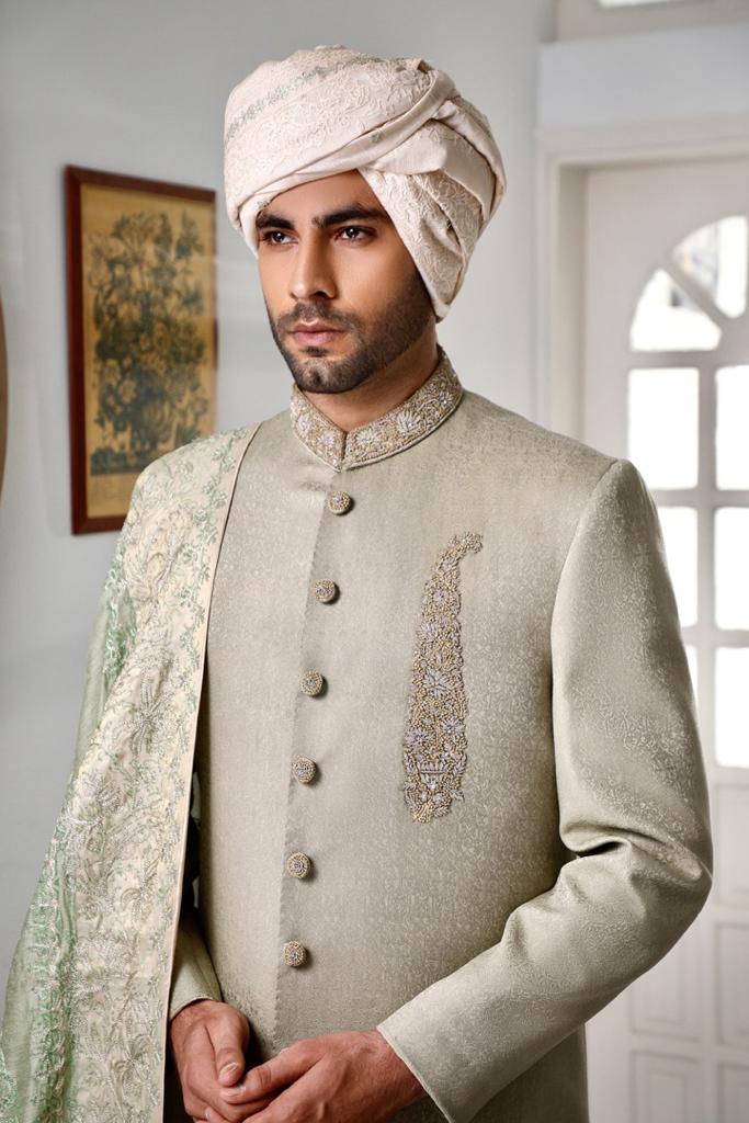 Laurel Green Hand Embroidered Raw Silk Sherwani (3-Piece) - Image 1