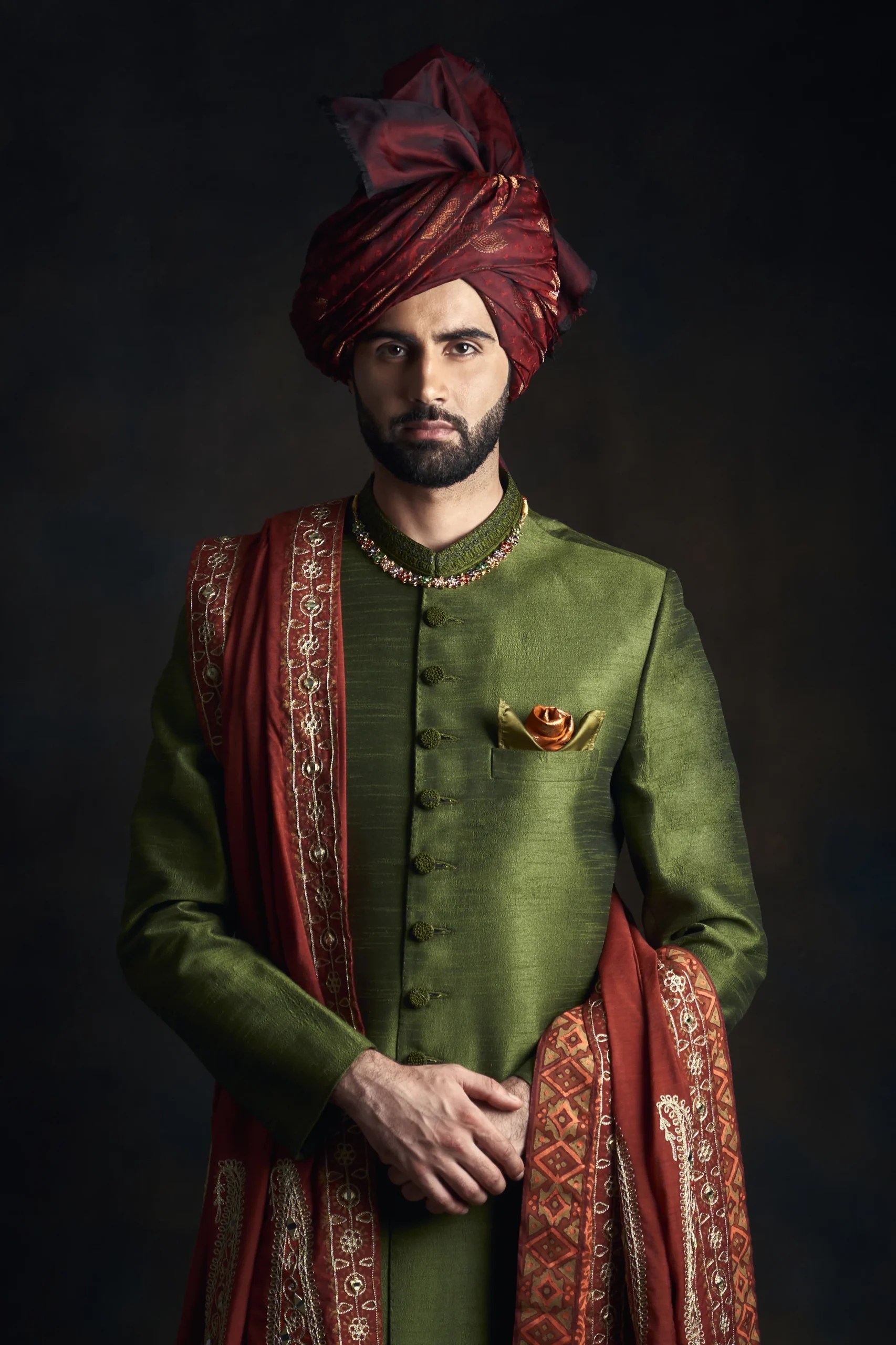 Kale Green Embroidered Raw Silk Groom Sherwani (3-Piece) - Image 1