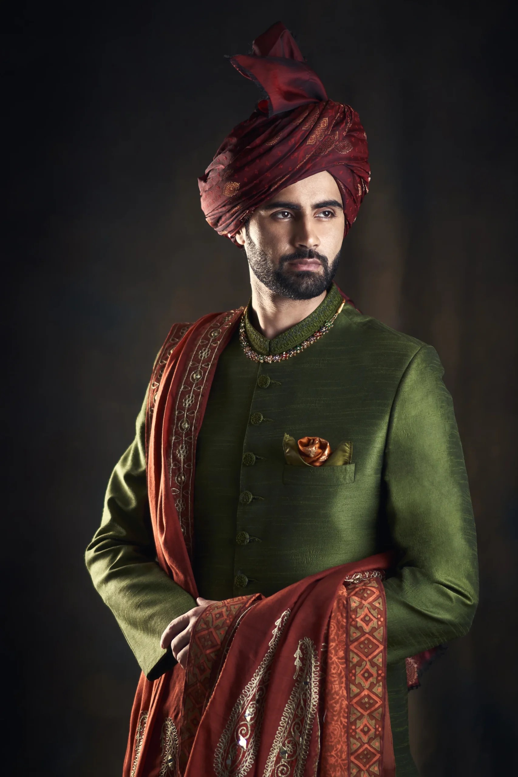Kale Green Embroidered Raw Silk Groom Sherwani (3-Piece) - Image 2