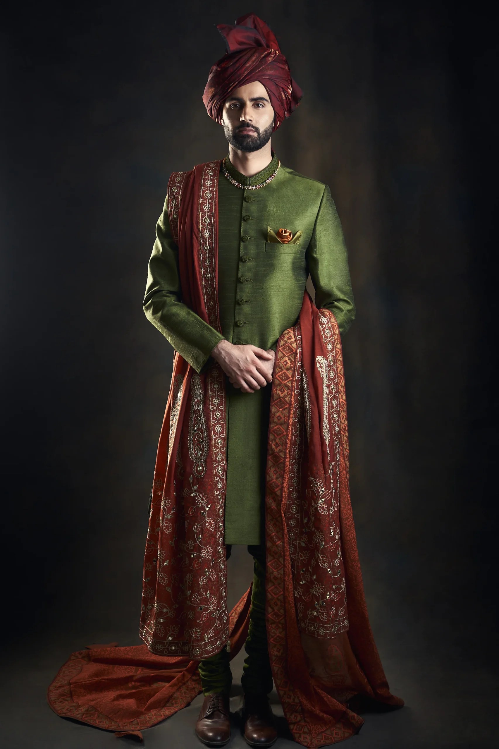 Kale Green Embroidered Raw Silk Groom Sherwani (3-Piece) - Image 3