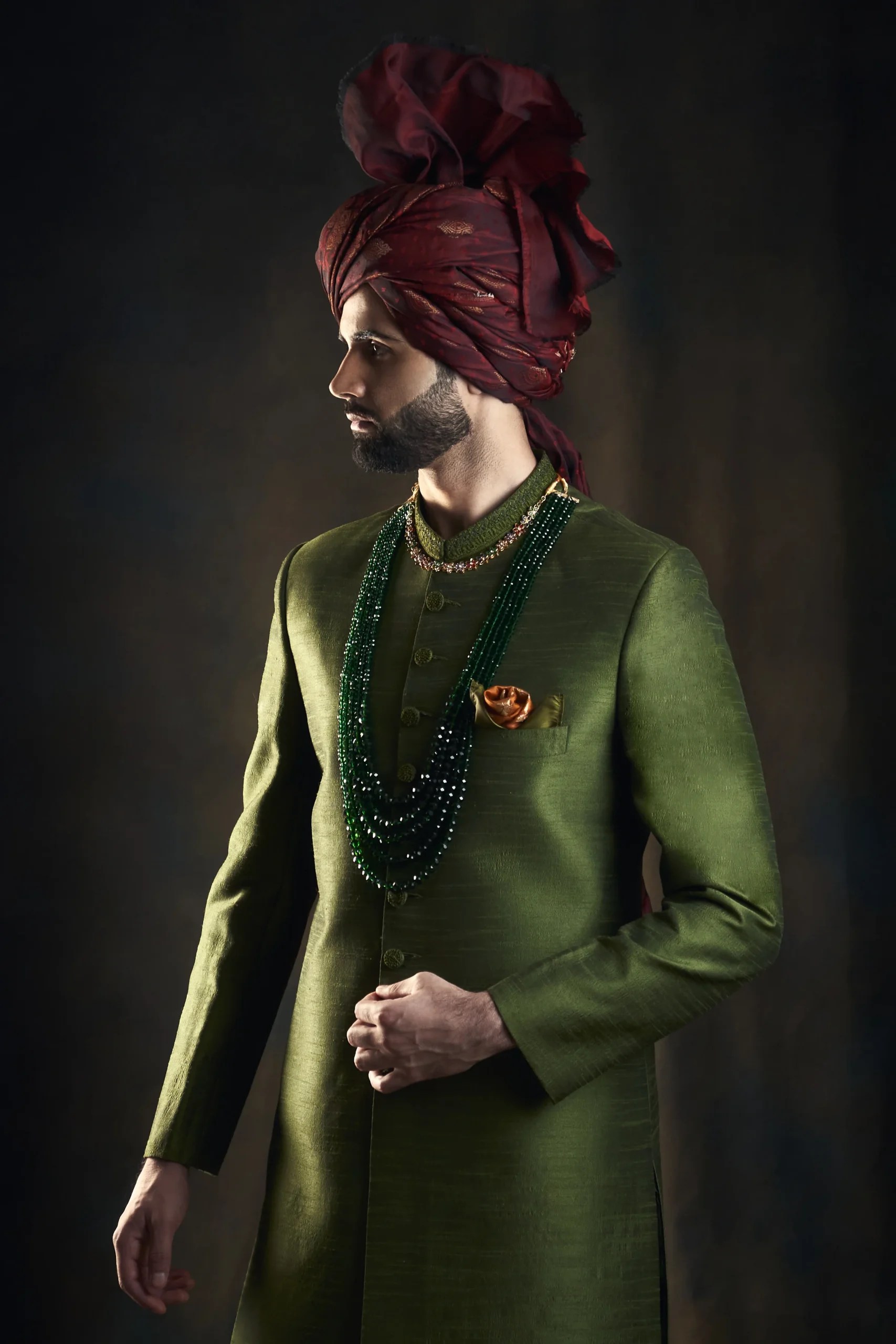 Kale Green Embroidered Raw Silk Groom Sherwani (3-Piece) - Image 5