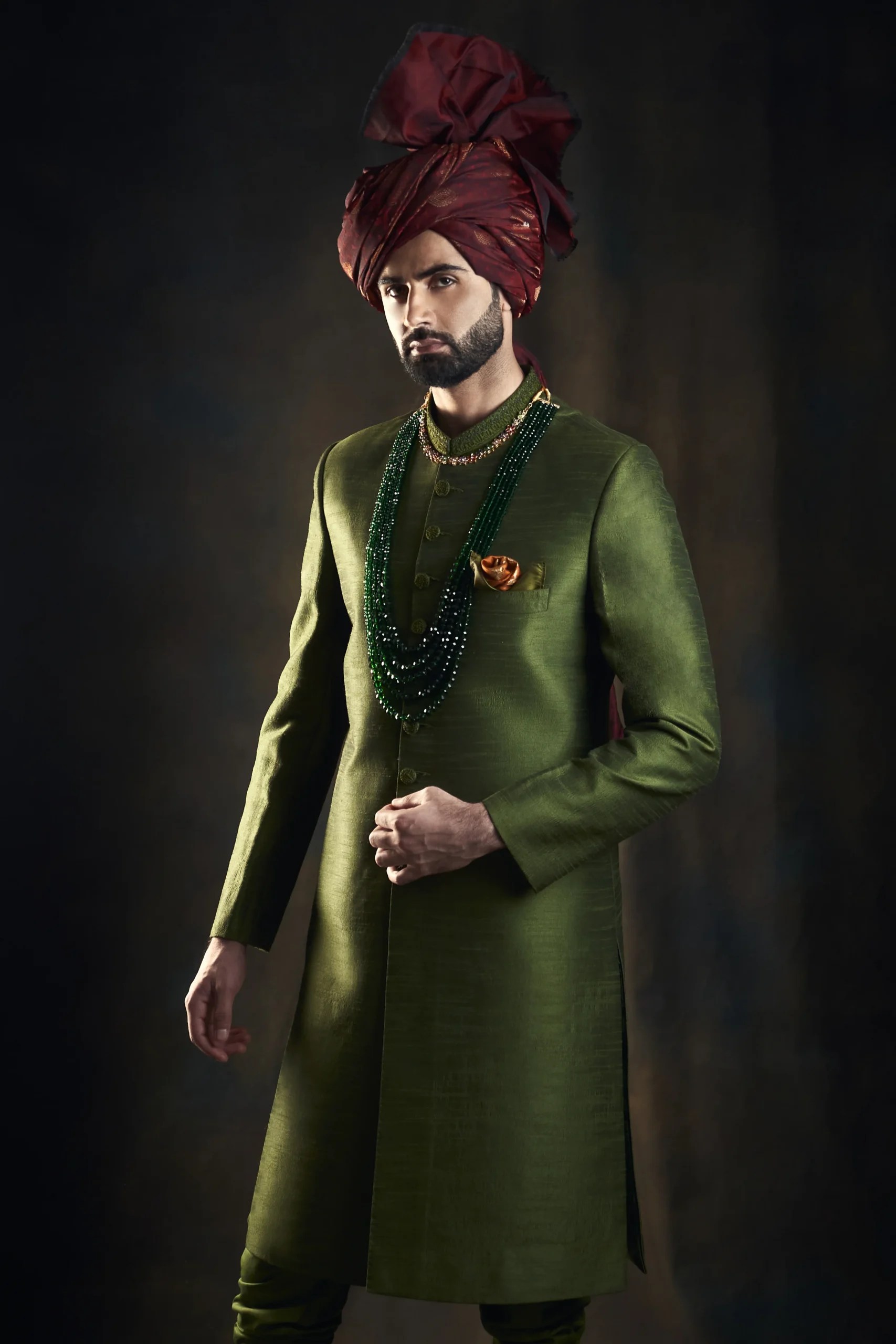 Kale Green Embroidered Raw Silk Groom Sherwani (3-Piece) - Image 6