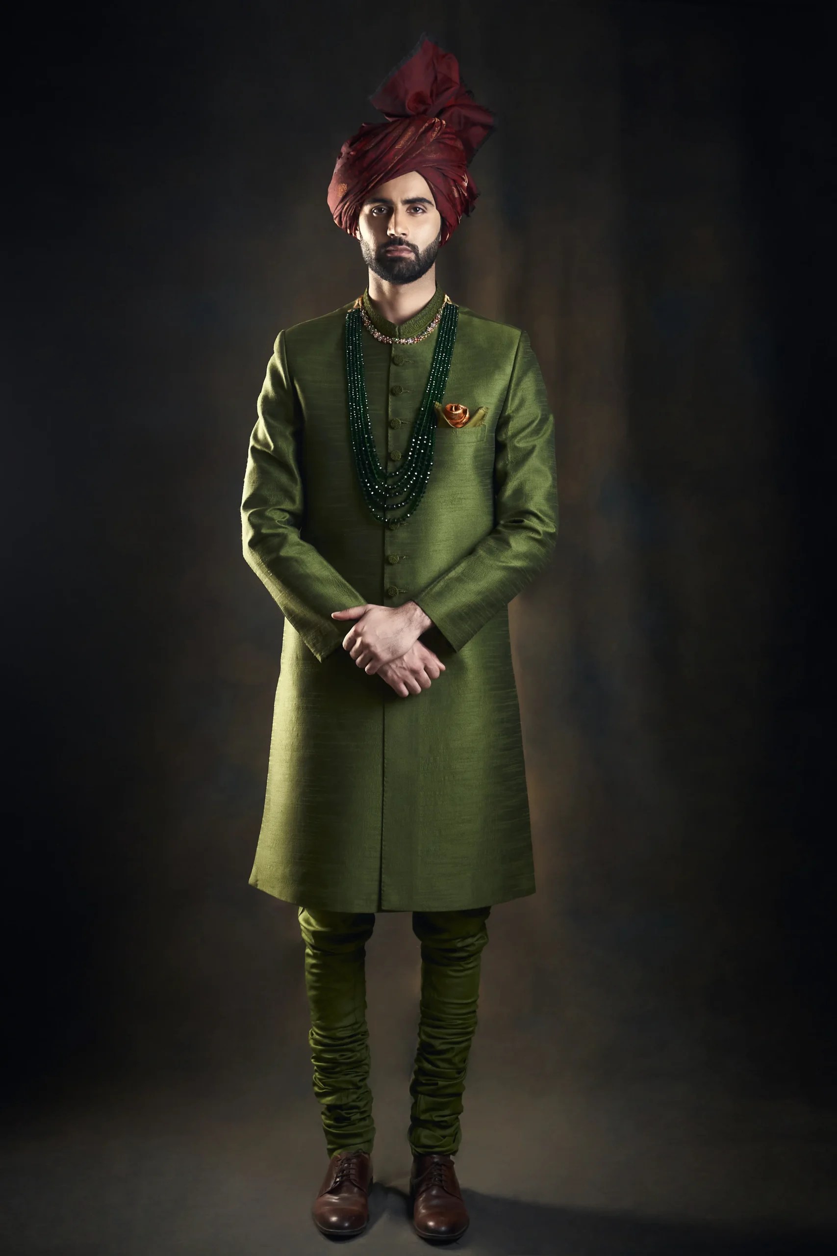 Kale Green Embroidered Raw Silk Groom Sherwani (3-Piece) - Image 7