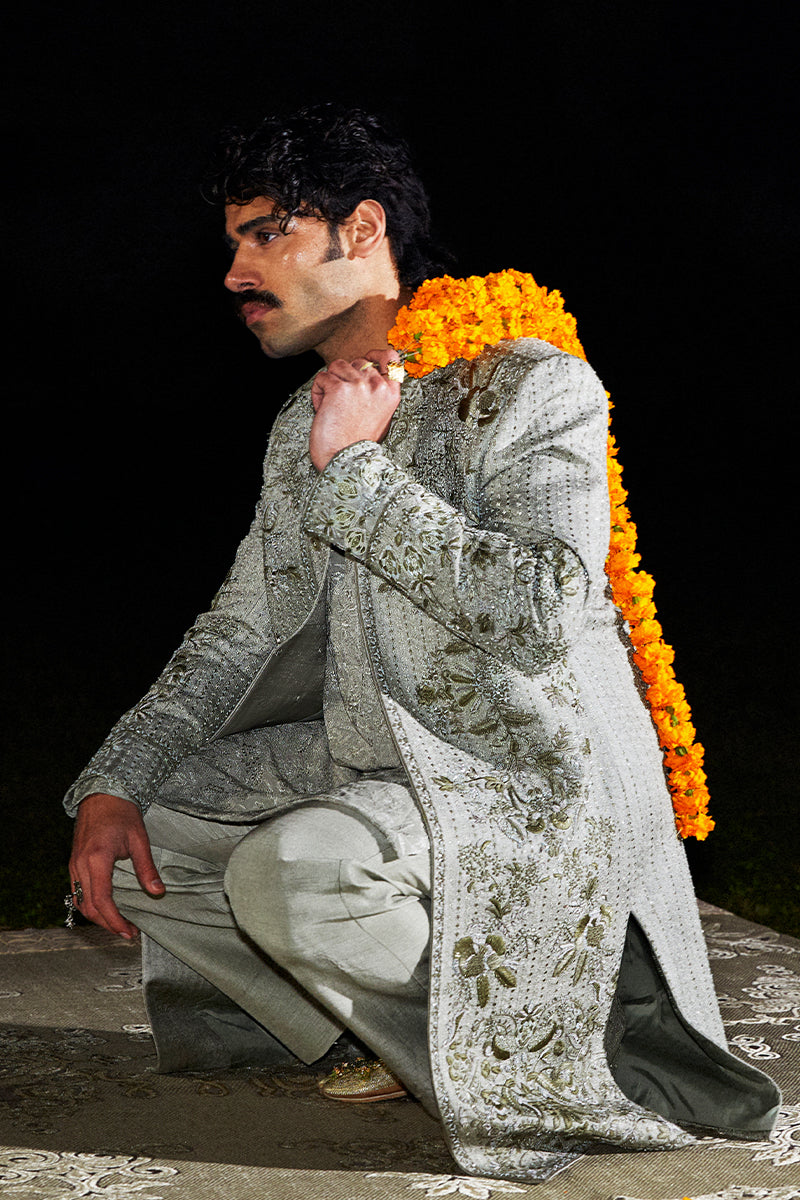 Sage Green Cutdana Resham Silk-Blend Sherwani (2-Piece) - Image 2