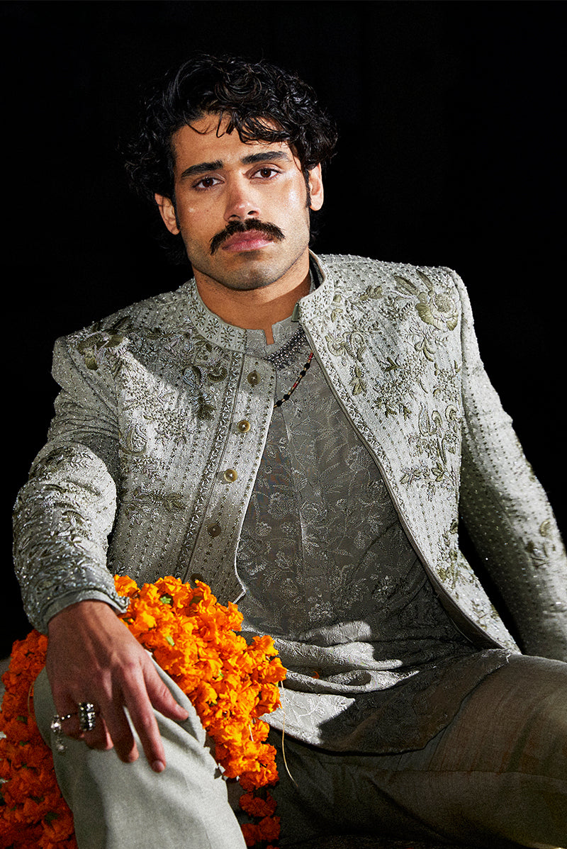 Sage Green Cutdana Resham Silk-Blend Sherwani (2-Piece) - Image 3