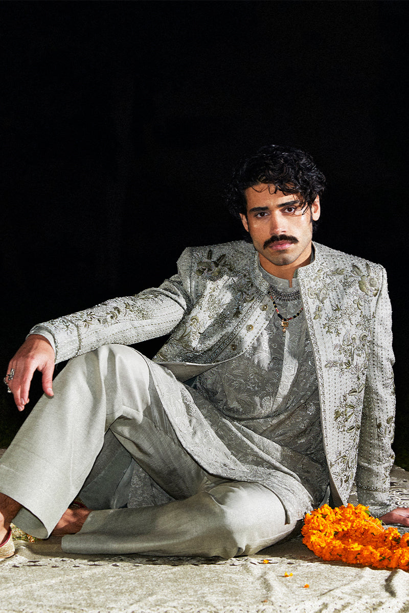 Sage Green Cutdana Resham Silk-Blend Sherwani (2-Piece) - Image 4