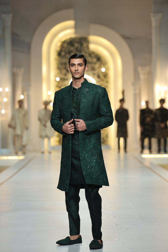 Bottle Green Hand-Embroidered Silk Blend Sherwani (3-Piece) - Image 1