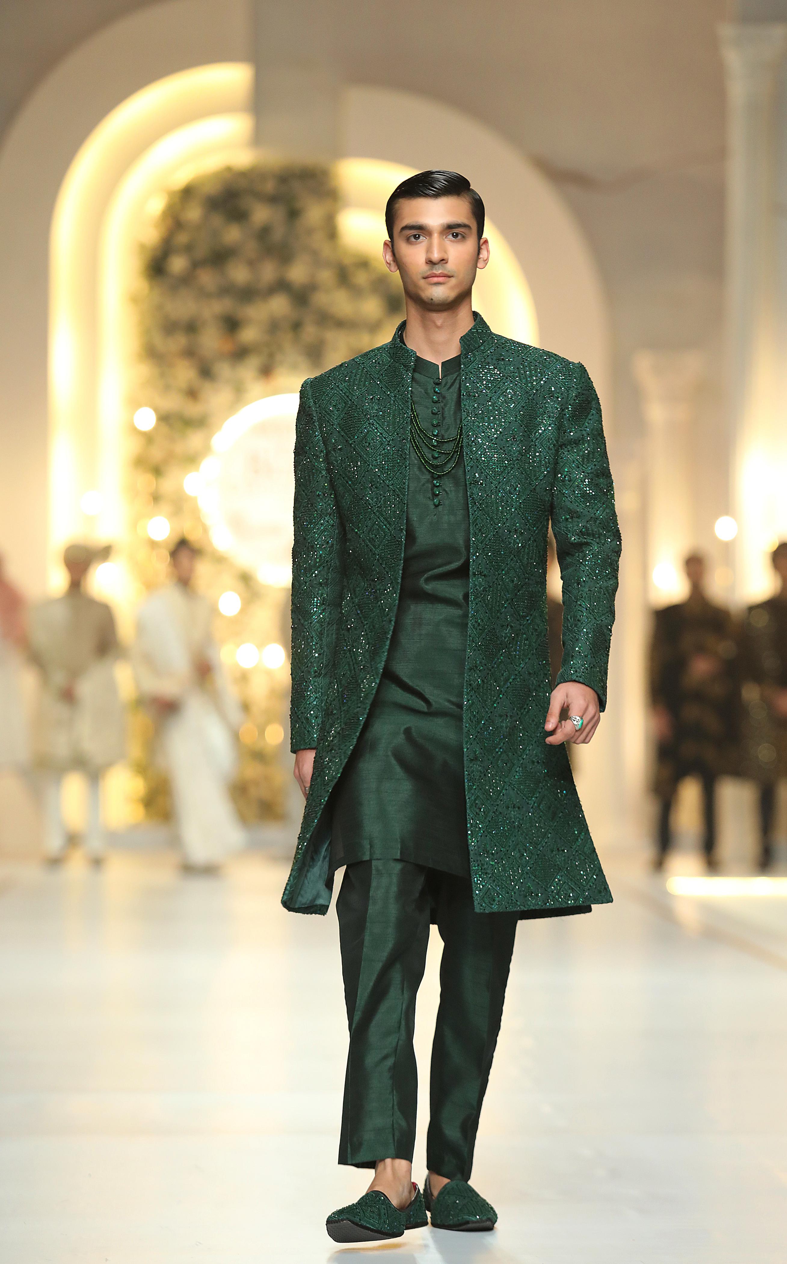 Bottle Green Hand-Embroidered Silk Blend Sherwani (3-Piece) - Image 3