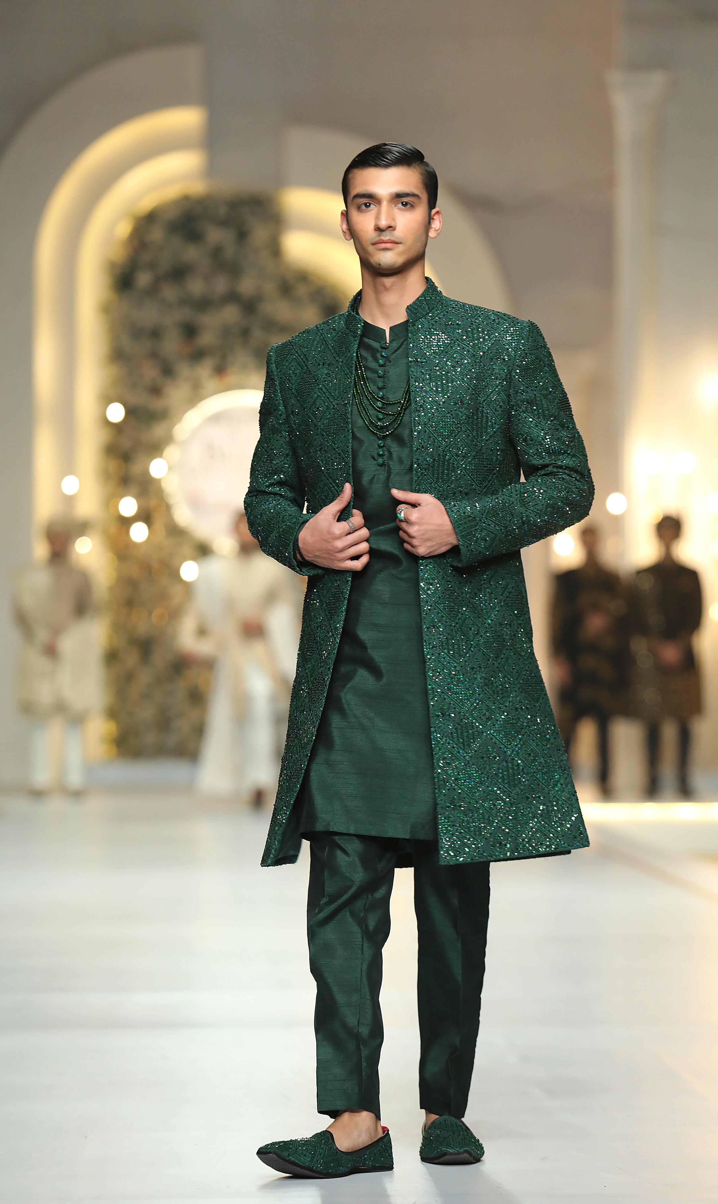 Bottle Green Hand-Embroidered Silk Blend Sherwani (3-Piece) - Image 4