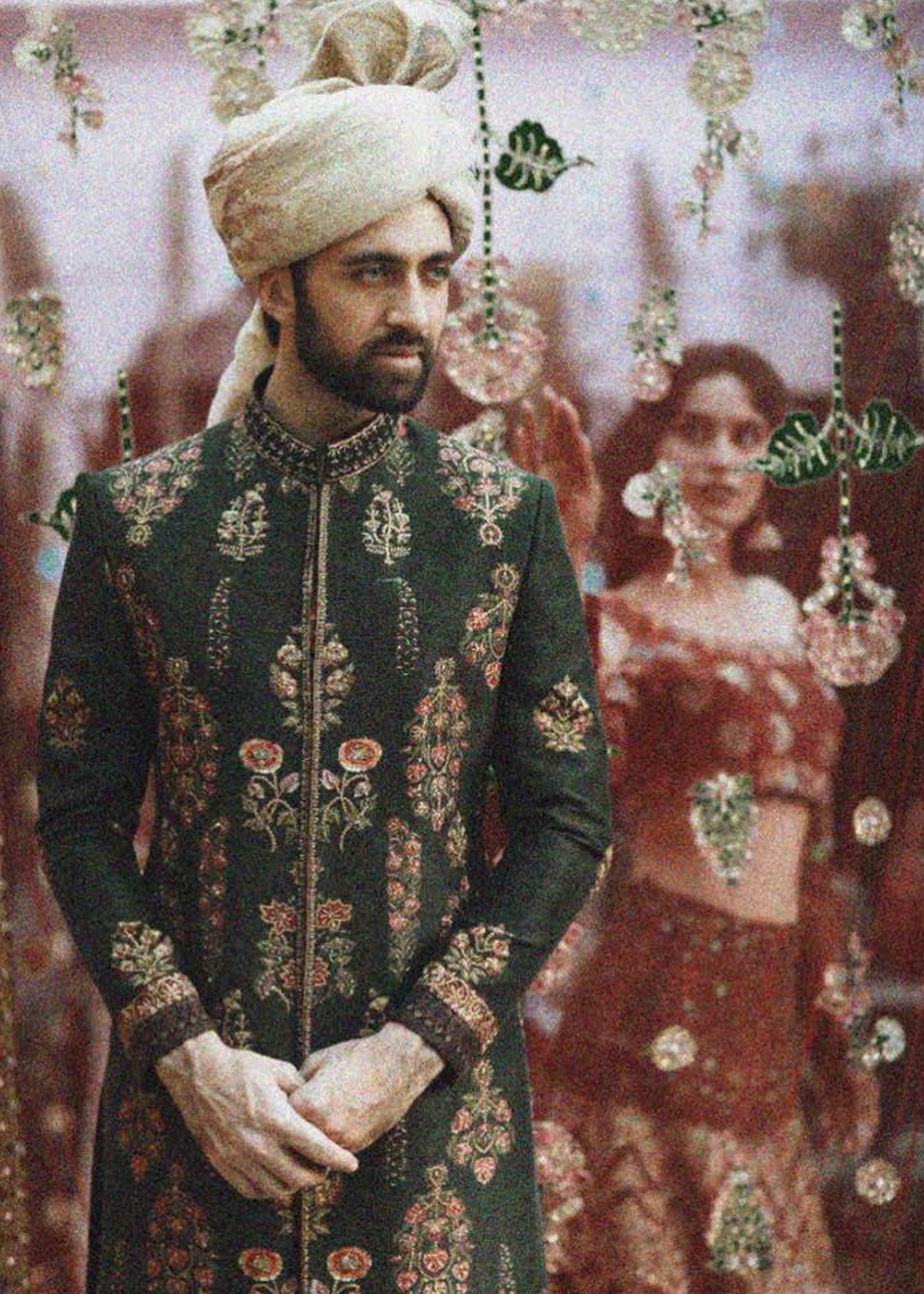 Pine Green Embroidered Silk-Blend Sherwani (2-Piece) - Image 1