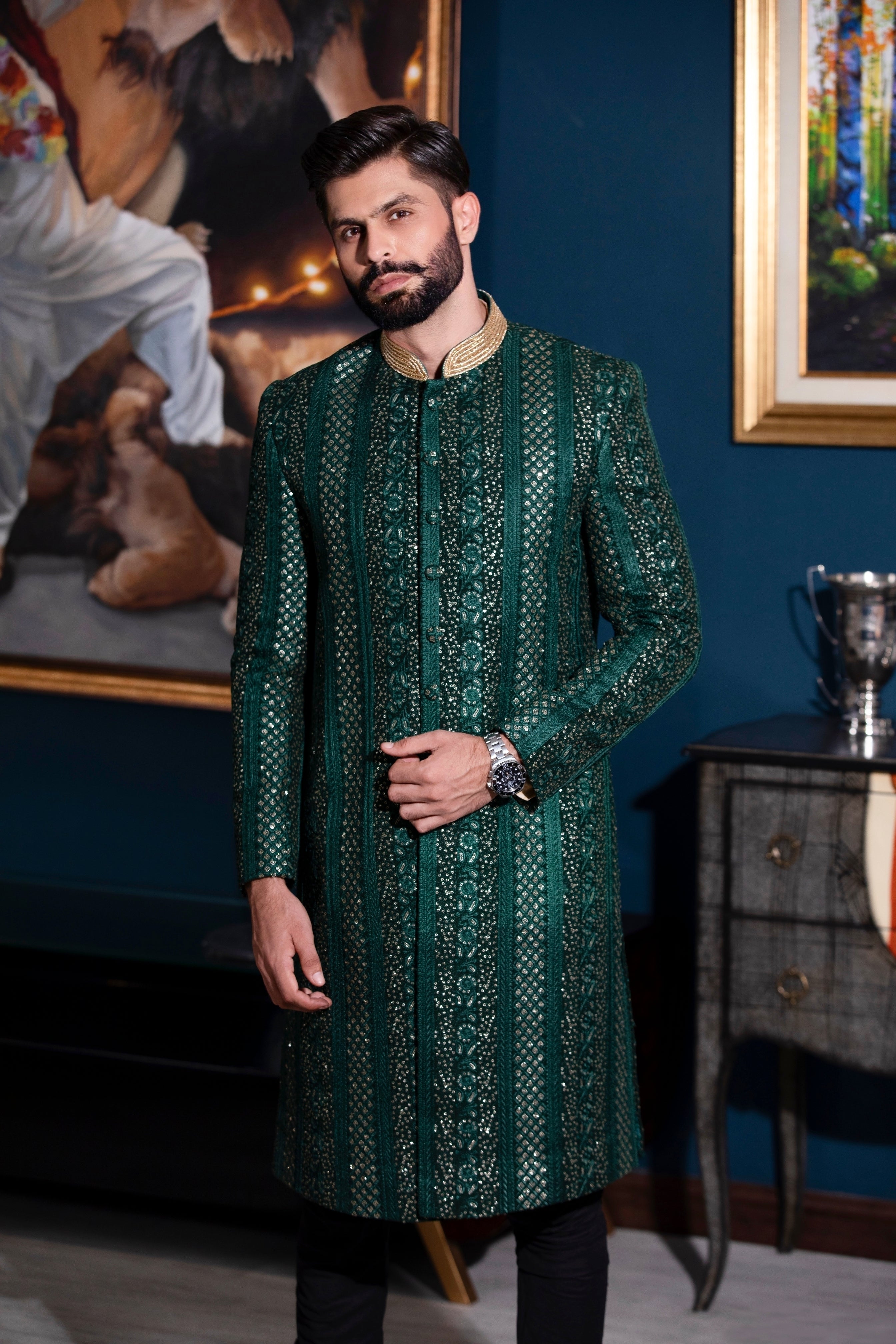 Emerald Green Hand-Embroidered Silk-Blend Sherwani (2-Piece) - Image 2