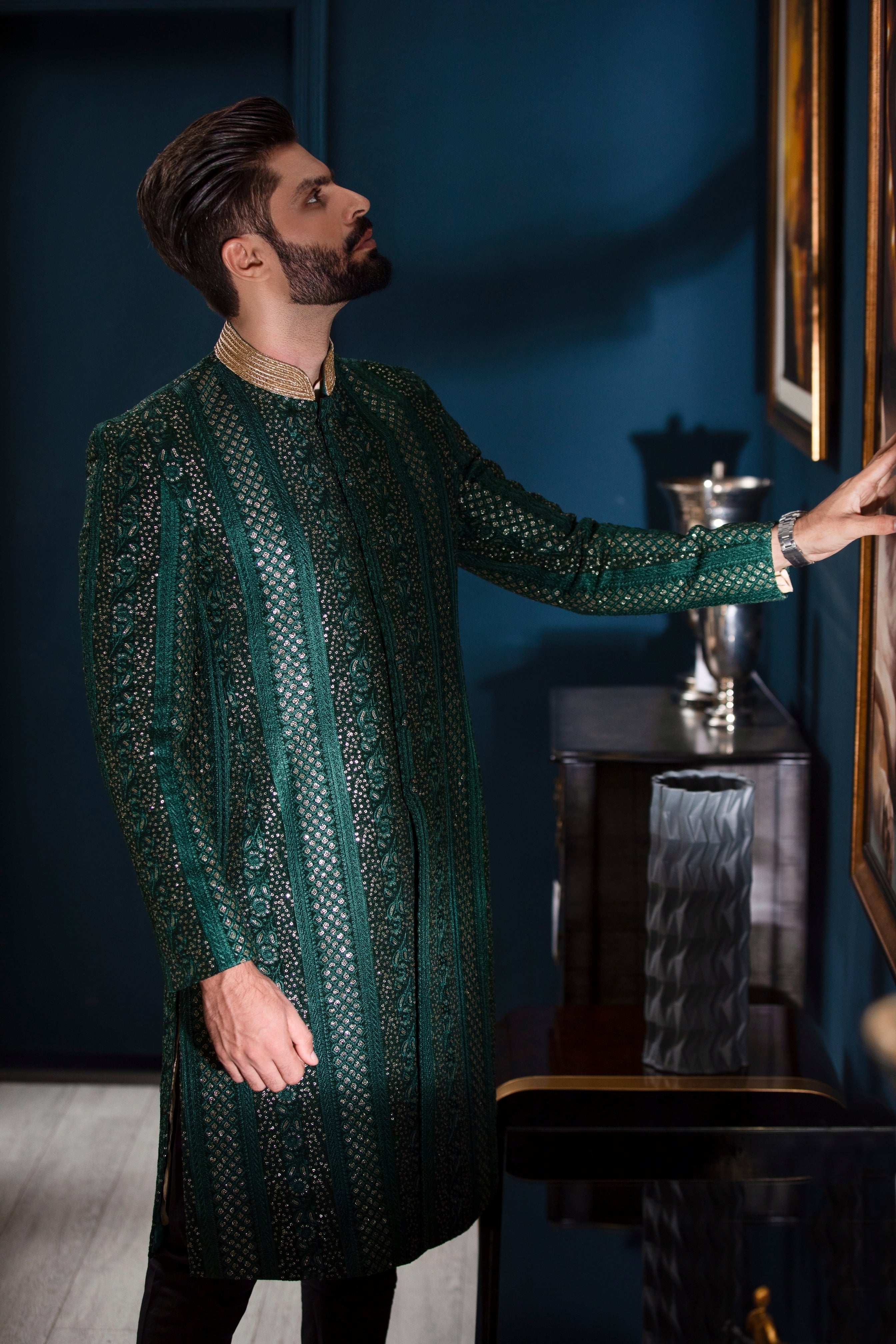 Emerald Green Hand-Embroidered Silk-Blend Sherwani (2-Piece) - Image 3
