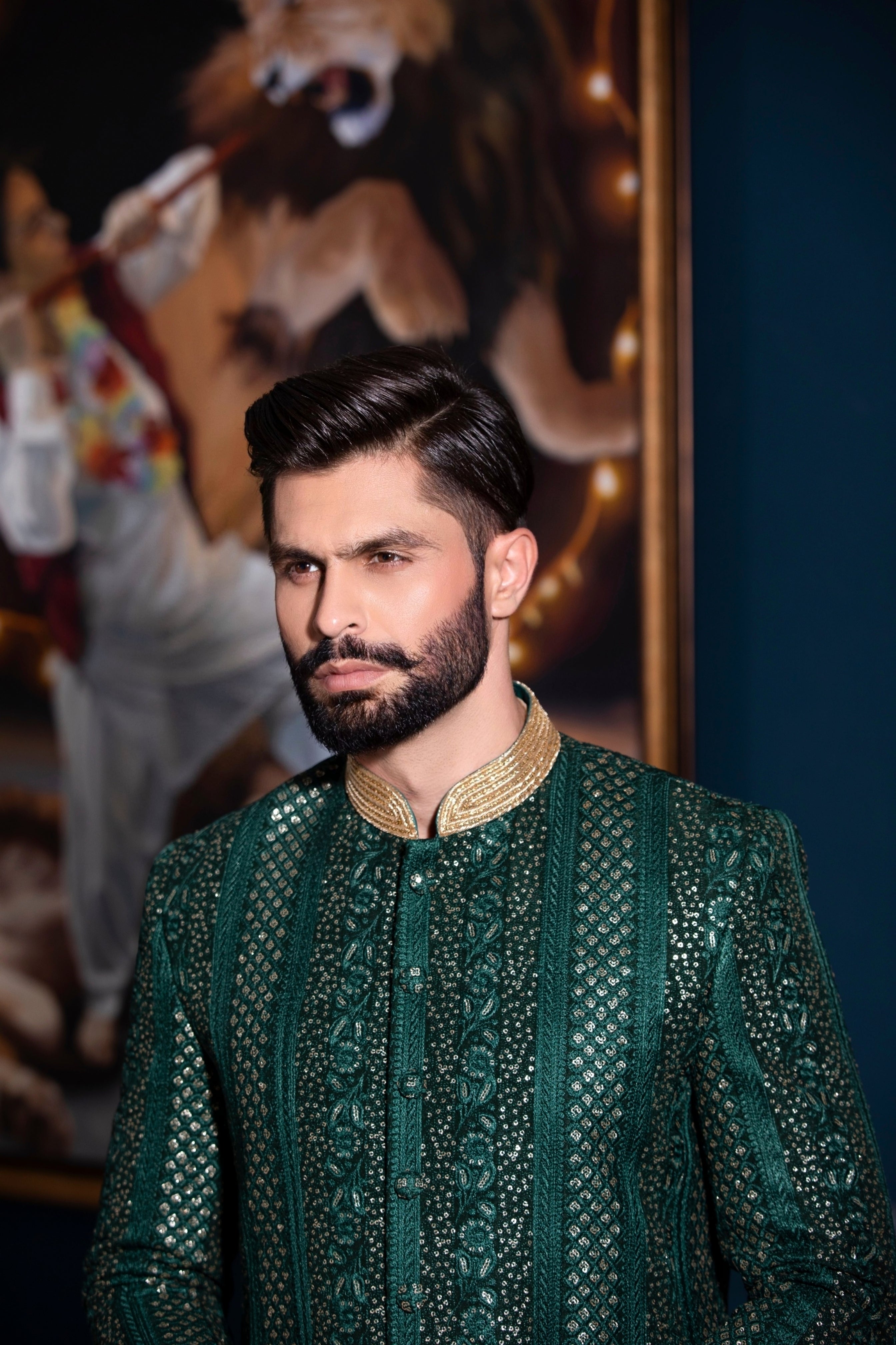 Emerald Green Hand-Embroidered Silk-Blend Sherwani (2-Piece) - Image 5
