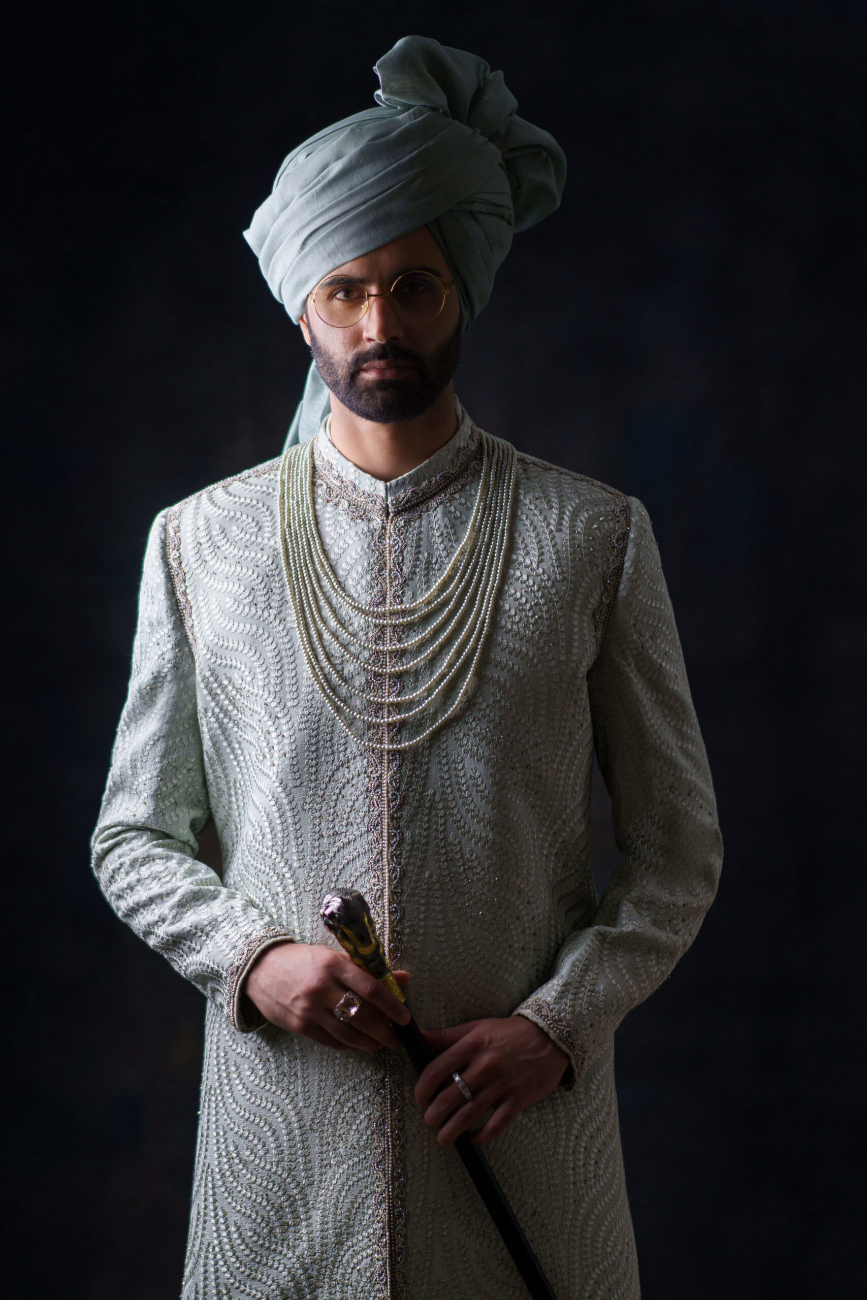 Light Green Pearl Embellished Silk-Blend Sherwani (3-Piece) - Image 1