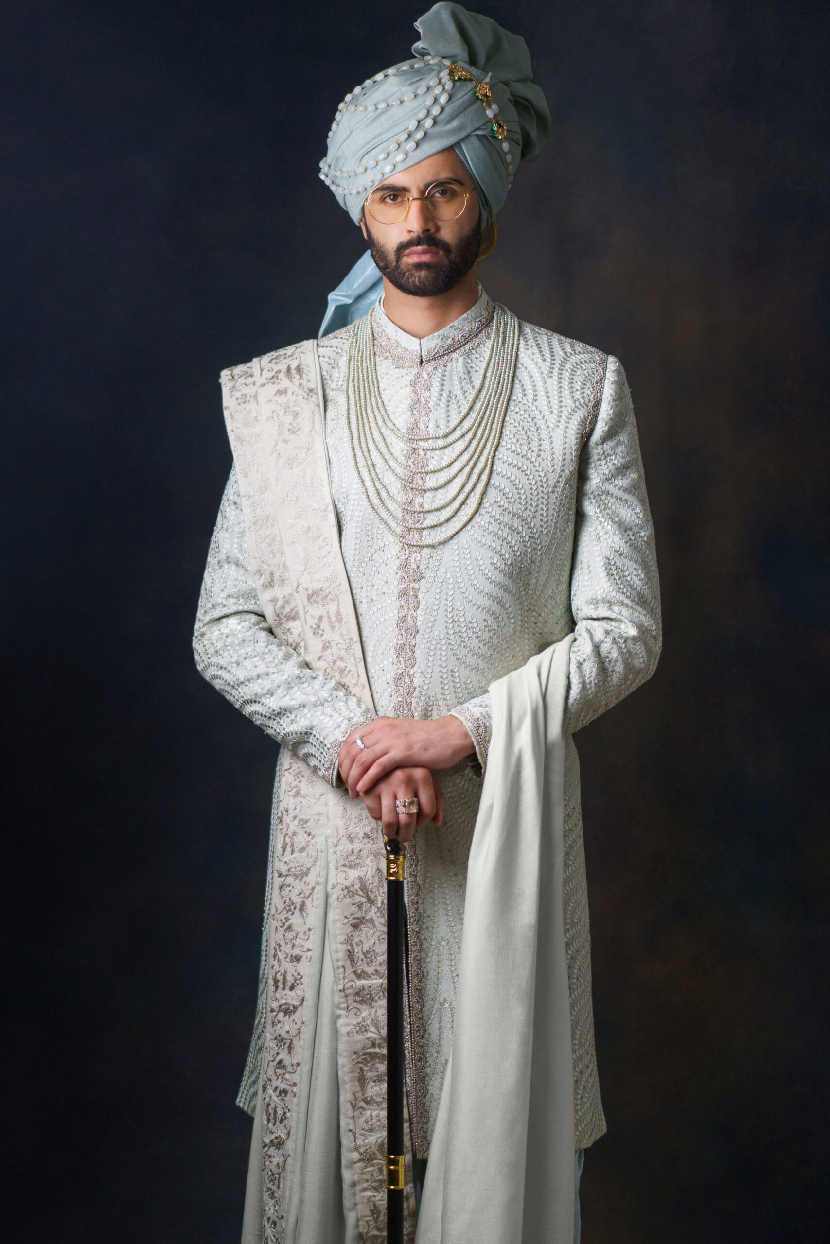 Light Green Pearl Embellished Silk-Blend Sherwani (3-Piece) - Image 3