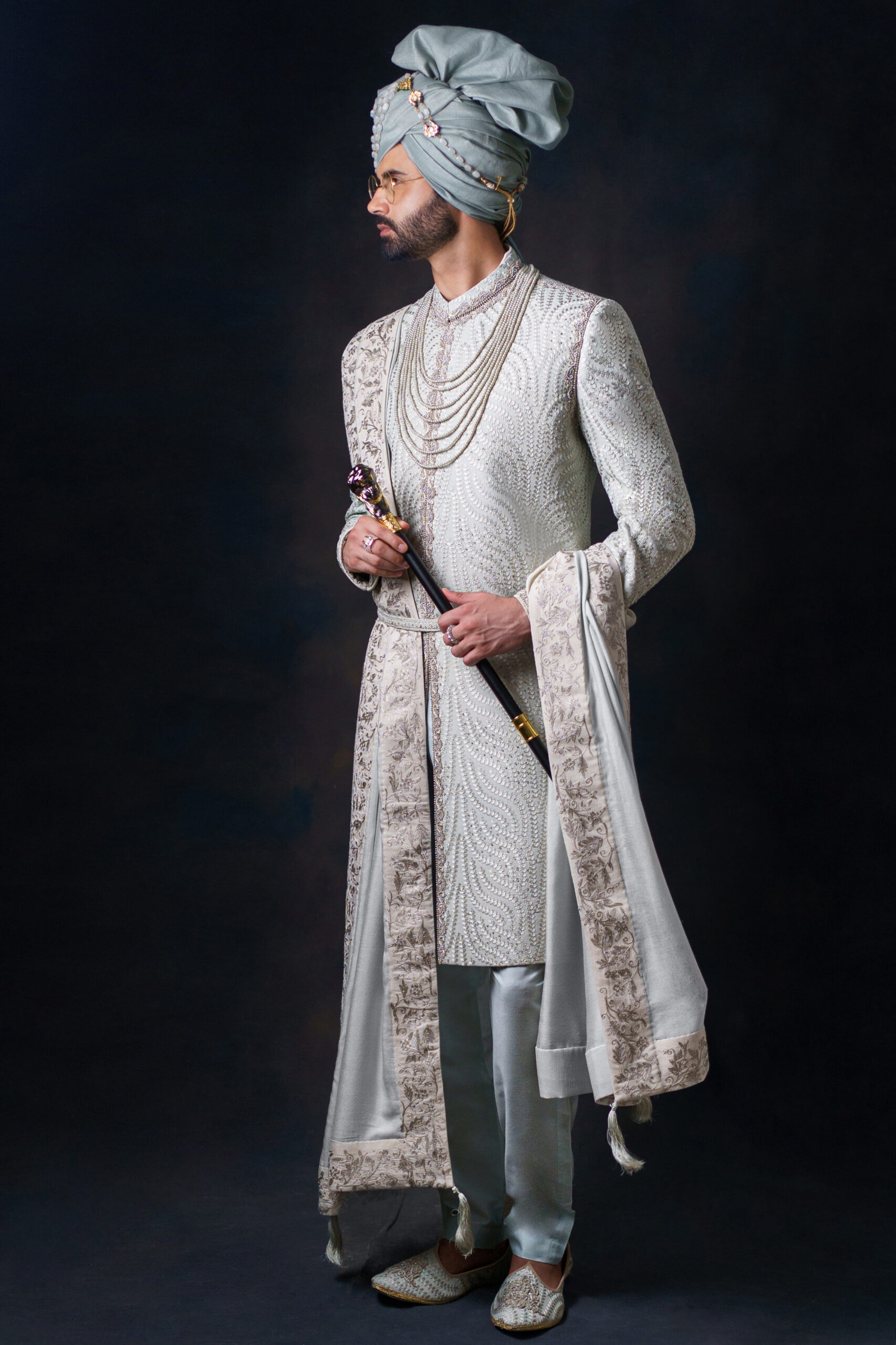 Light Green Pearl Embellished Silk-Blend Sherwani (3-Piece) - Image 4