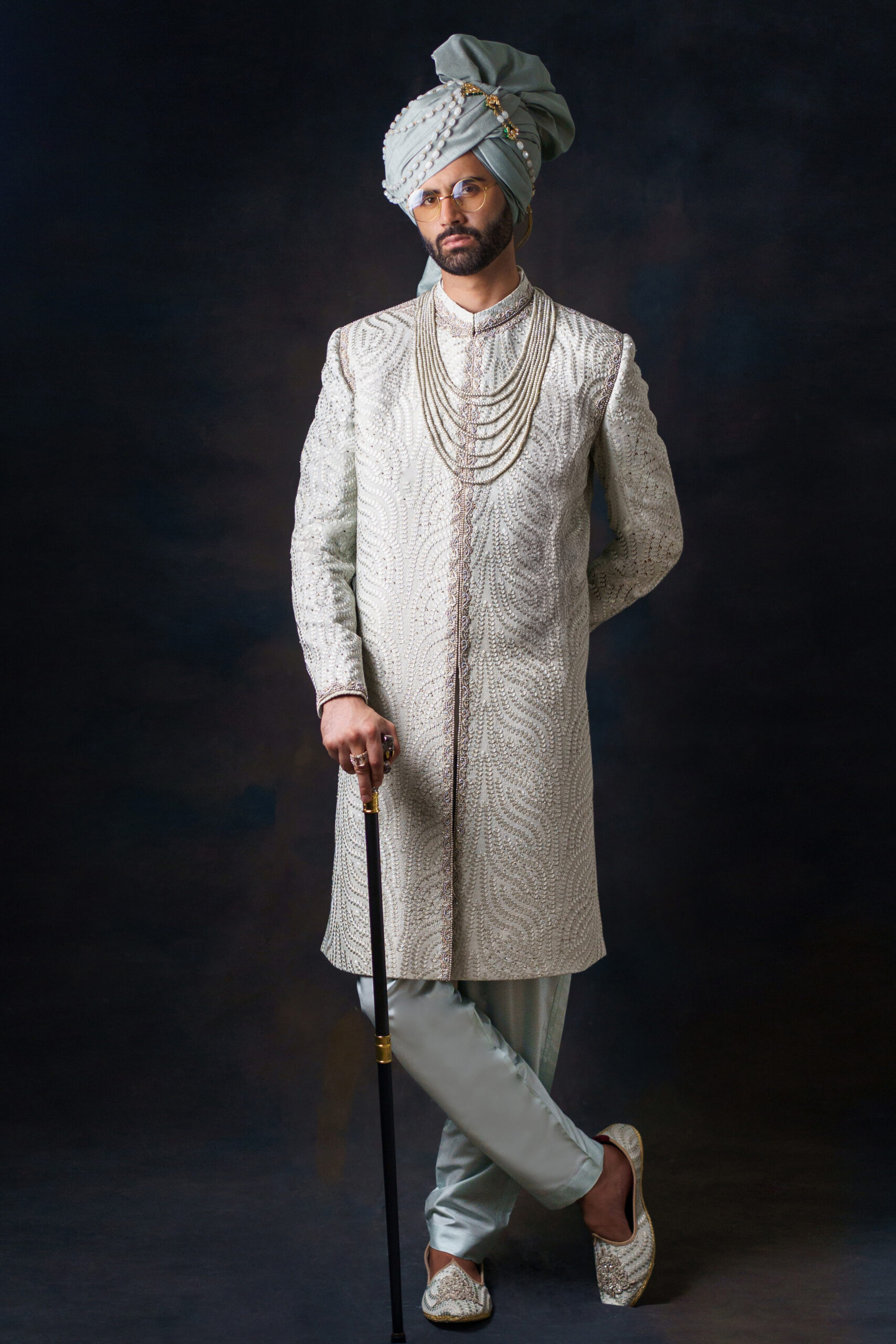 Light Green Pearl Embellished Silk-Blend Sherwani (3-Piece) - Image 5